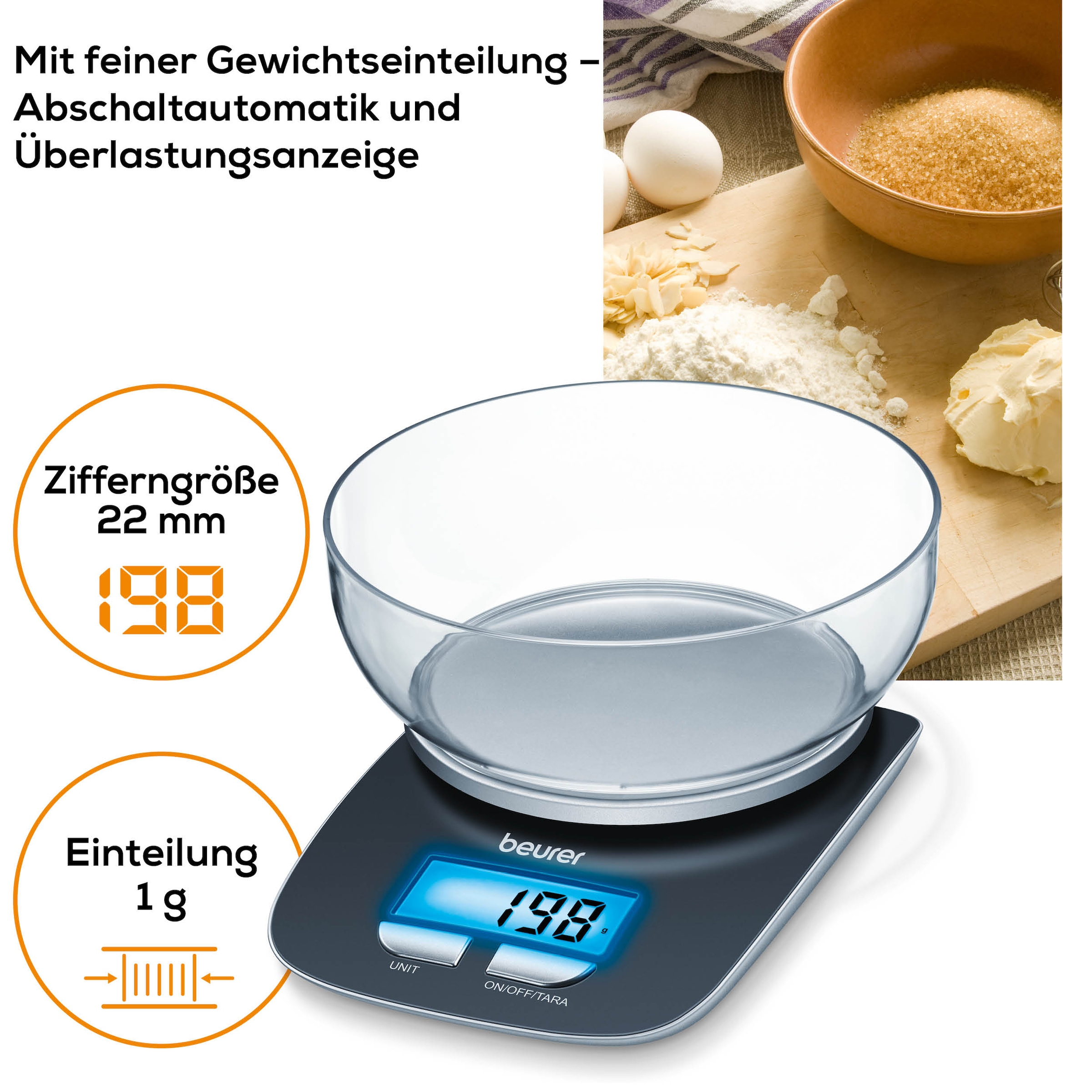 BEURER Küchenwaage »KS 25 Haushaltswaage, mit praktischer Schüssel, Tara-Zuwiegefunktion« Koch- und Backwaage mit 3 kg Tragkraft und Schüssel mit 1,2l