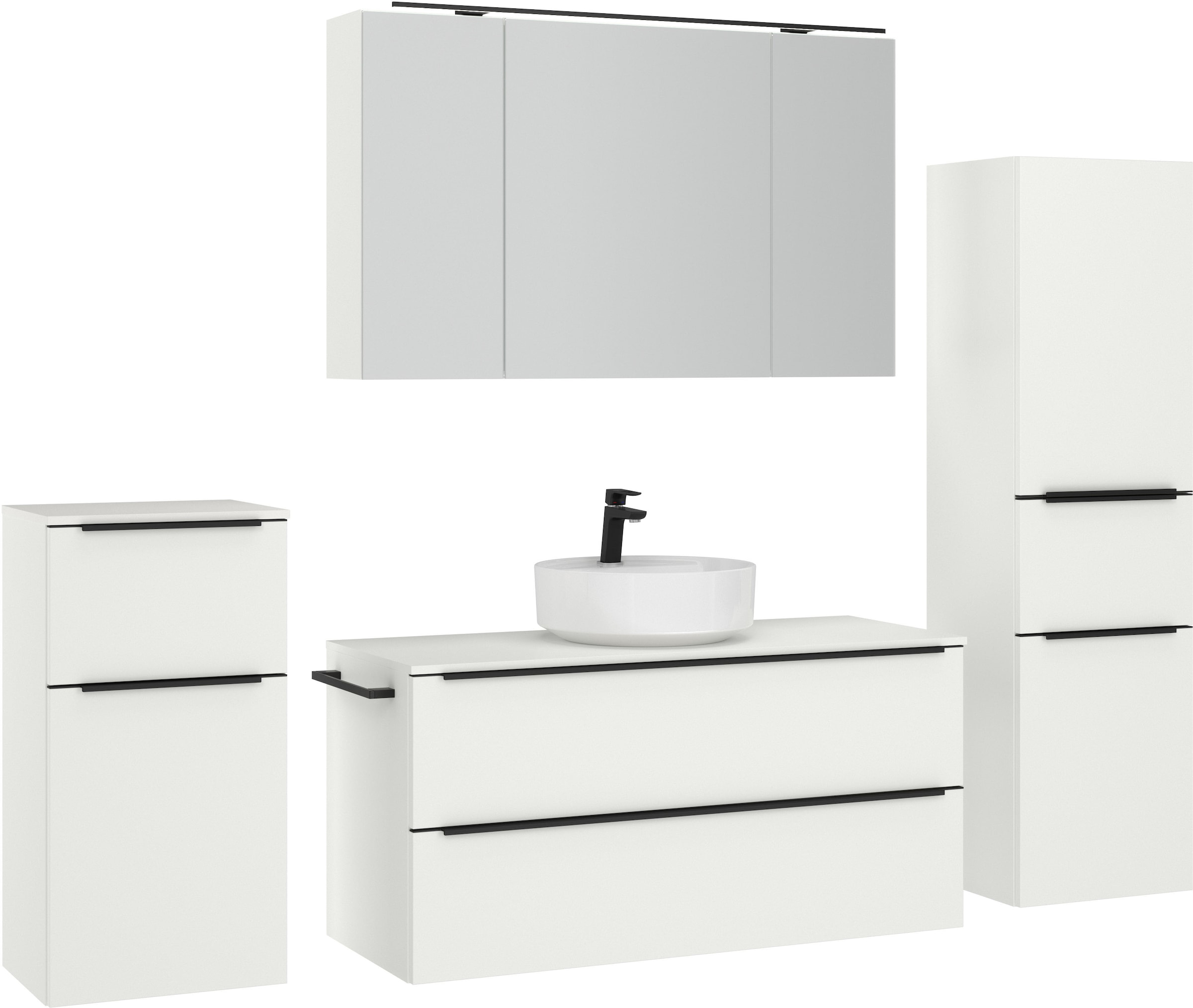 nobilia® Badmöbel-Set »Alvene«, (4 St., vormontiert, mit Soft-Close), inkl. Spiegelschrank mit Beleuchtung und Dimmerfunktion, in 4 Breiten