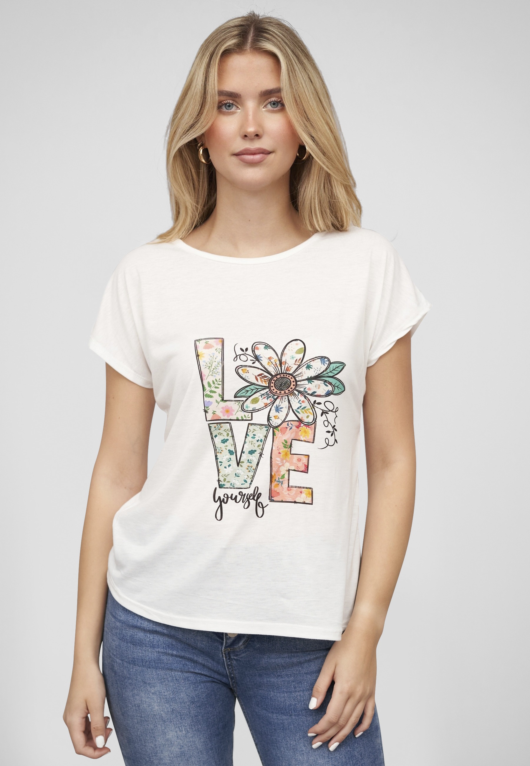 CLOUD 5IVE T-Shirt »CLOUD 5IVE Viskose T-Shirt mit Love-Blumen Print« 1 Stk.