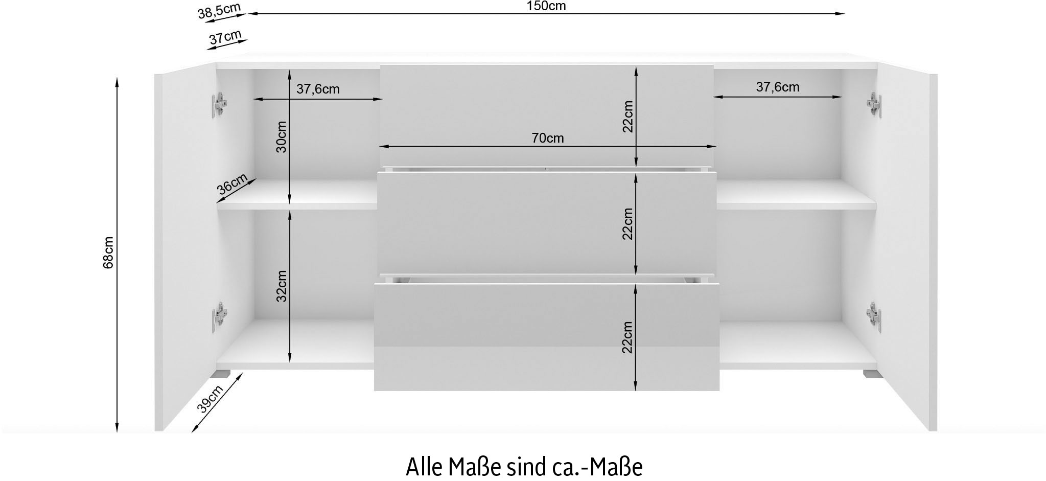 INOSIGN Sideboard »BERLIN«, Moderne grifflose Kommode Breite 150 cm, 4 Schubkästen/ 2 Türen