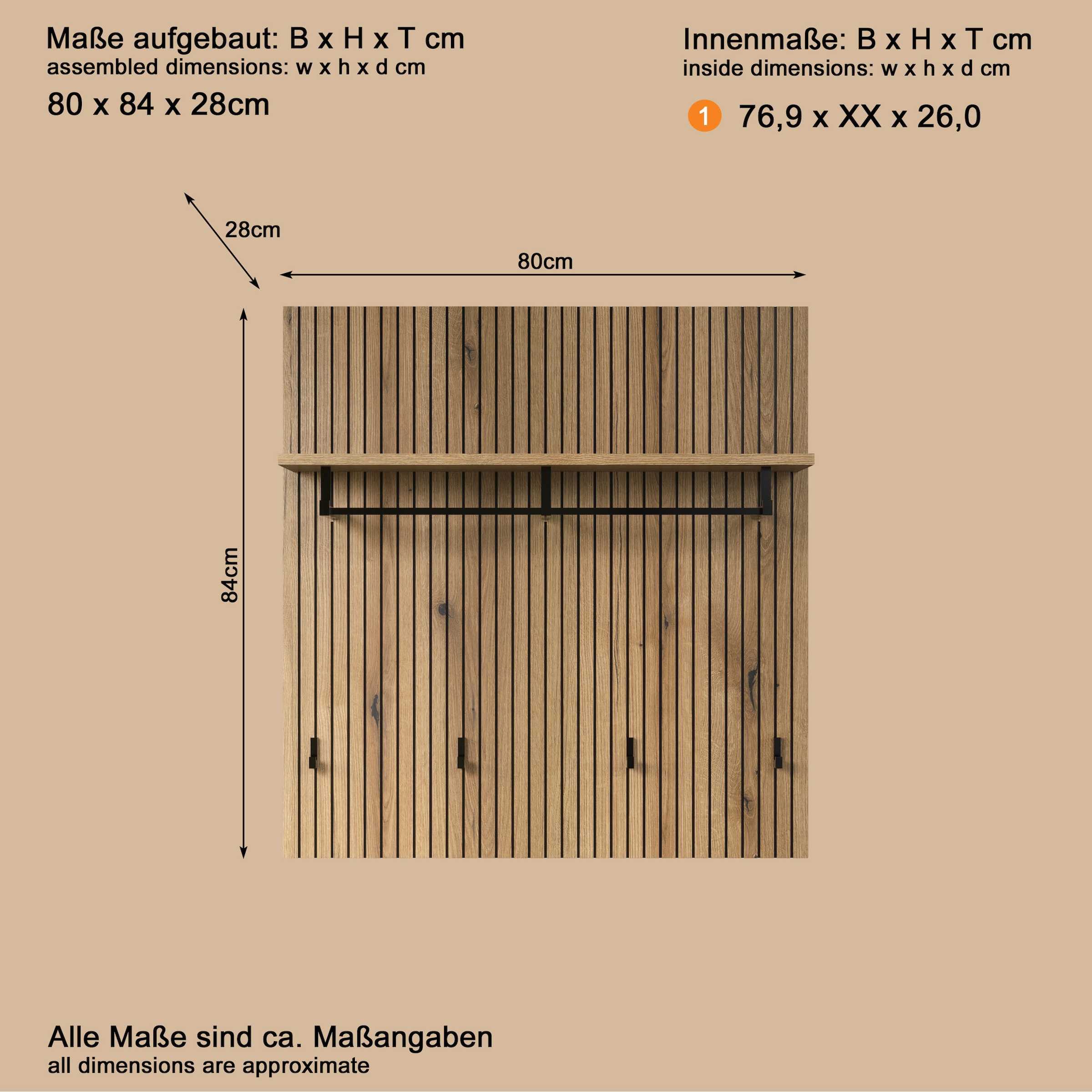 Home affaire Garderobenpaneel »Amrum« 1 Stk. tlg. Wandpaneel mit Ablage, 1 Kleiderstange & 4 Haken - (B/T/H) 80/28/84 cm
