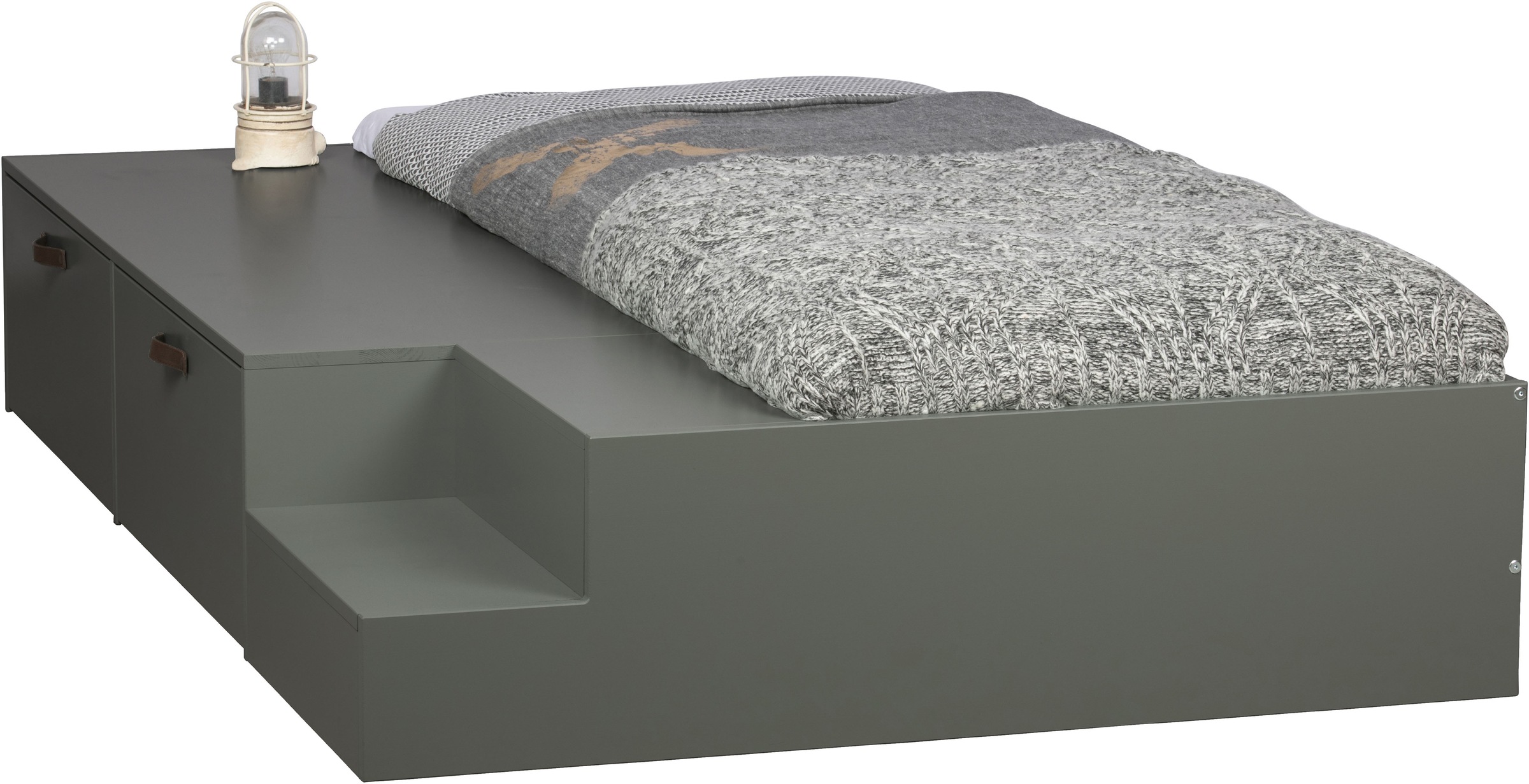 WOOOD Stauraumbett »Stage Massivholz FSC®-Kiefernholz mit Trittstufen 204 x 131 x 35 cm« Rollauszüge mit Ledergriff, breite Holzkante, Matratzenmaß 80x200 cm