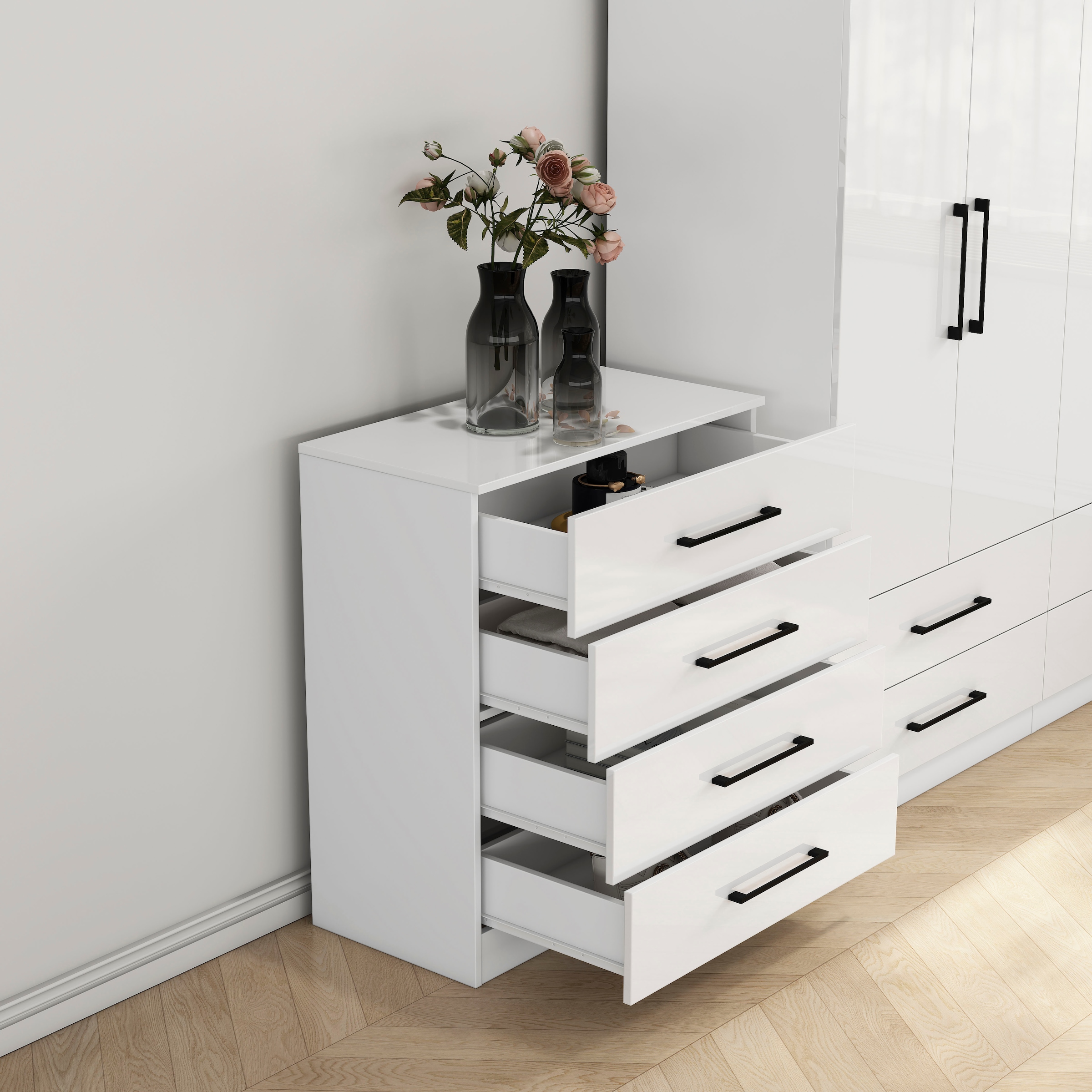 OTTO home Schubkastenkommode »Sylt Schlafzimmerkommode Kommode Wäscheschrank Bestseller« Viel Stauraum im Schlafzimmer mit hochglänzenden Fronten, 1 Stk. tlg. Beistellschrank mit 4 Schubladen