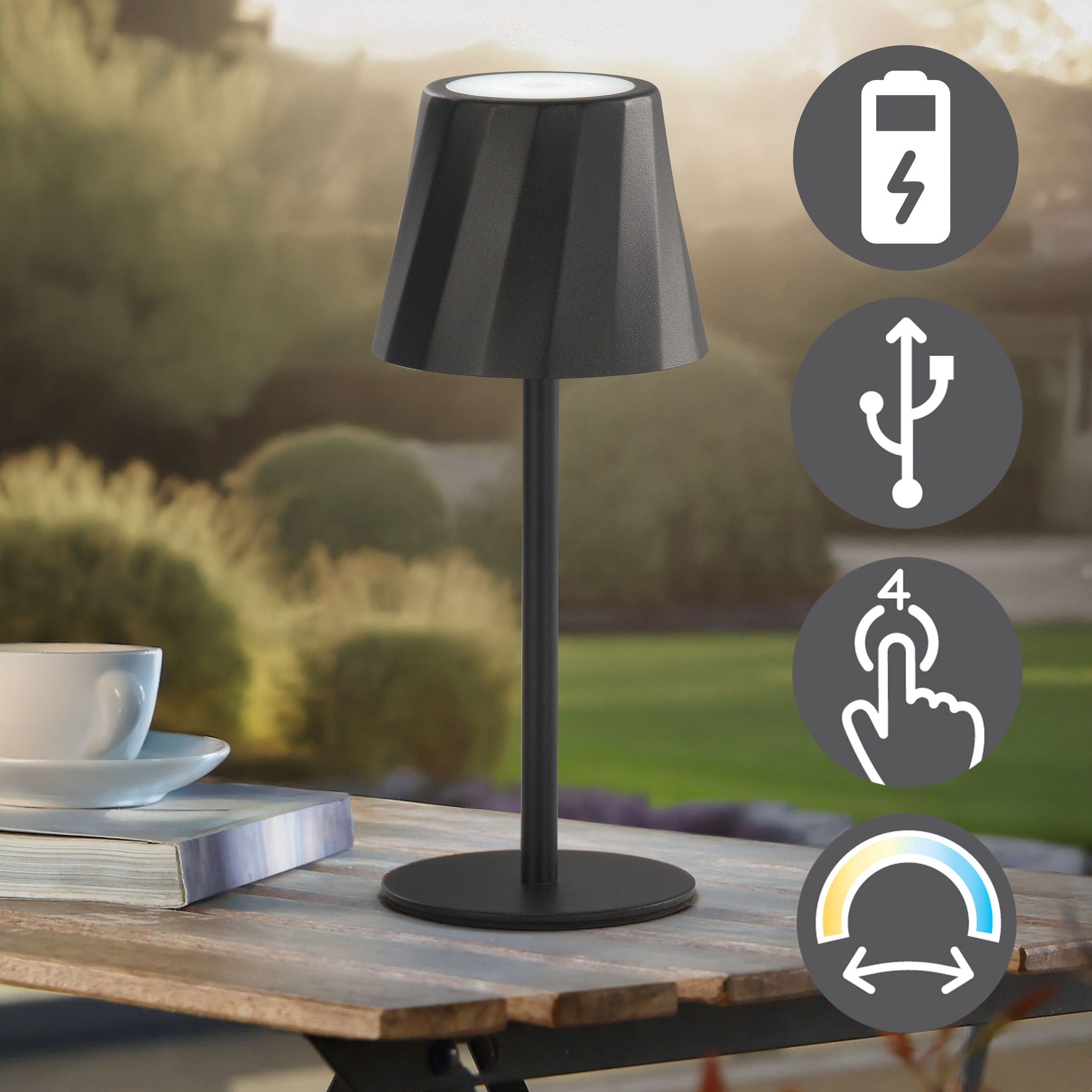 REALITY Leuchten LED Tischleuchte »DIAZ, Outdoor Akku Tischlampe Höhe 21 cm Ø 8,5 cm, IP44, Touchdimmer« LED-Board 1 Stk. Farbwechsler | warmweiß - kaltweiß CCT Lichtfarbe einstellbar 2700-6500K, 160 Lumen, 1,6W, USB Anschluss