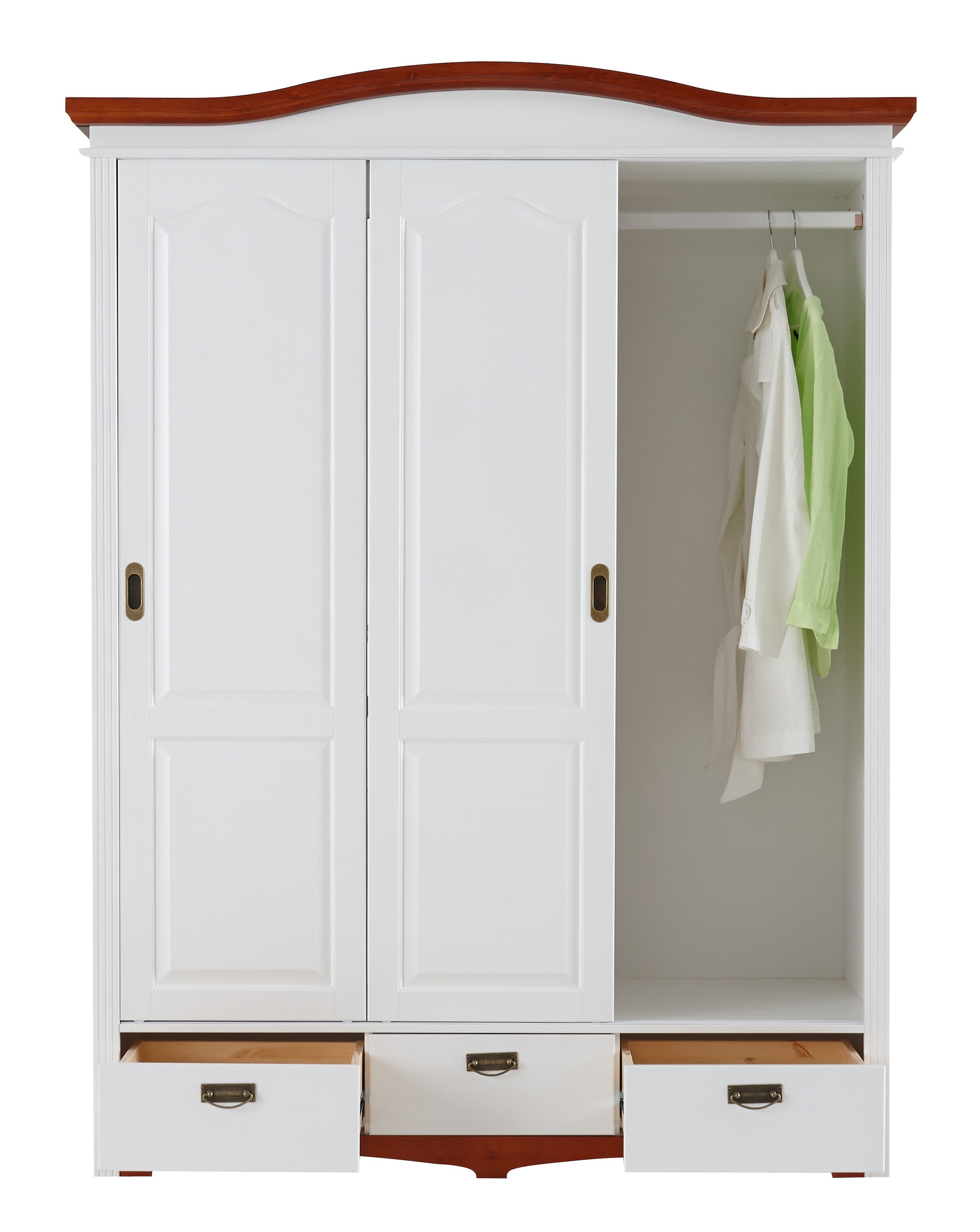 Home affaire Schiebetürenschrank »Konrad, Landhausstil, rustikal, mit Schubladen + Spiegel, Kassetten«, (3 Breiten: 153/202/249 cm H/T ca.207/64 cm), massive Kiefer, FSC®-zertifiziert, Messinggriffe, mehrere Varianten