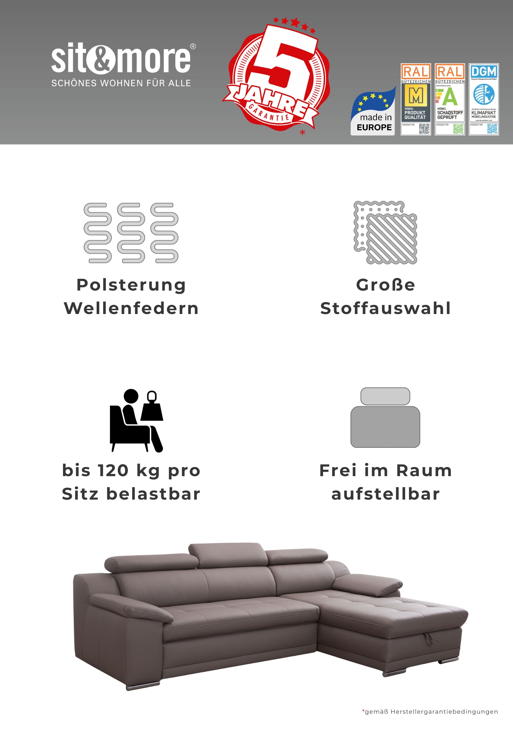 Wohnlandschaft »Andiamo U-Form, B: 336 cm, Kopfteilverstellung, XXL-Sofa« optional Schlaffunktion, frei stellbar, Couch für Wohnkomfort