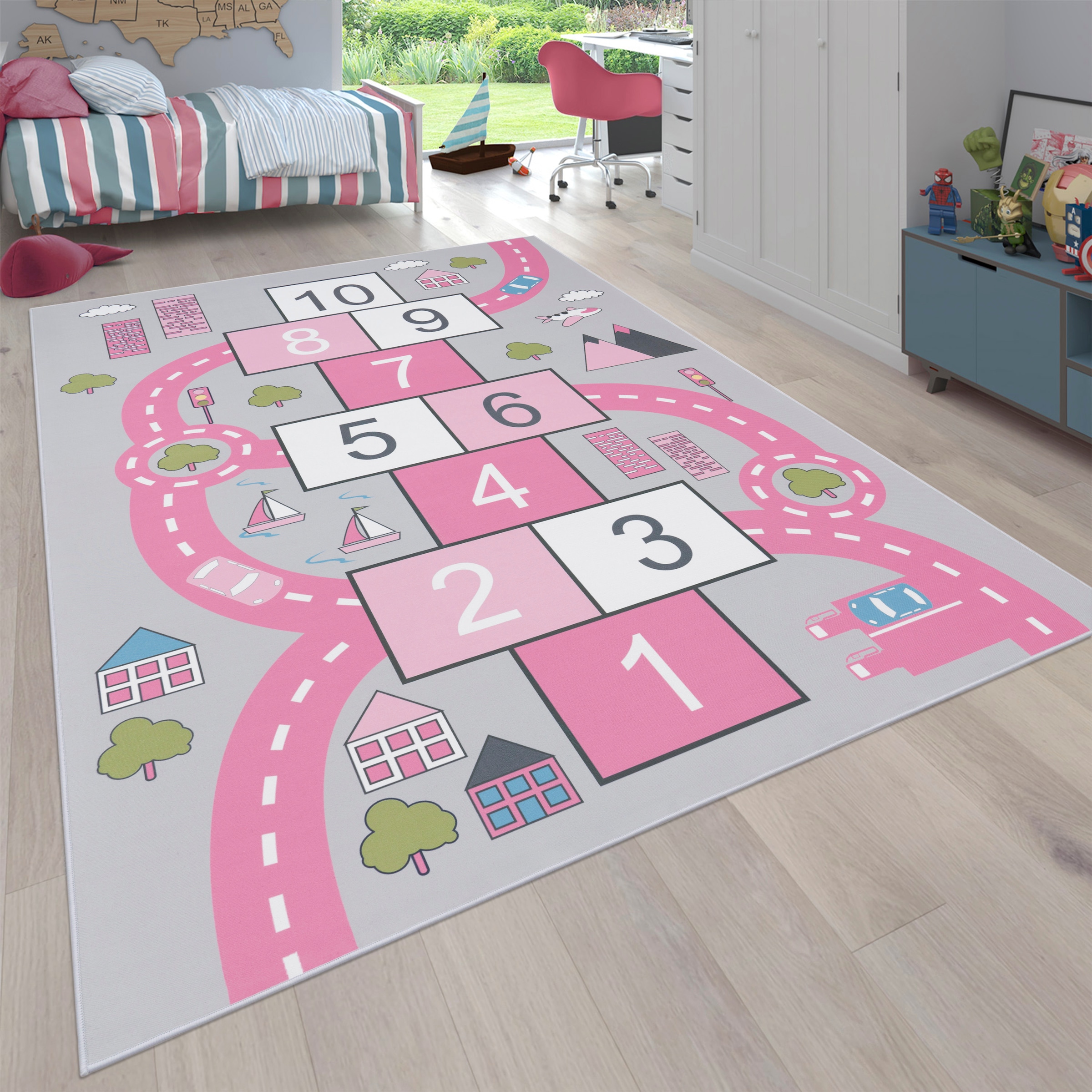 Paco Home Kinderteppich »Bino 569«, rechteckig, 4 mm Höhe, Kurzflor, Straßen-Spiel-Teppich & Motiv Hüpfkästchen "Himmel & Hölle"
