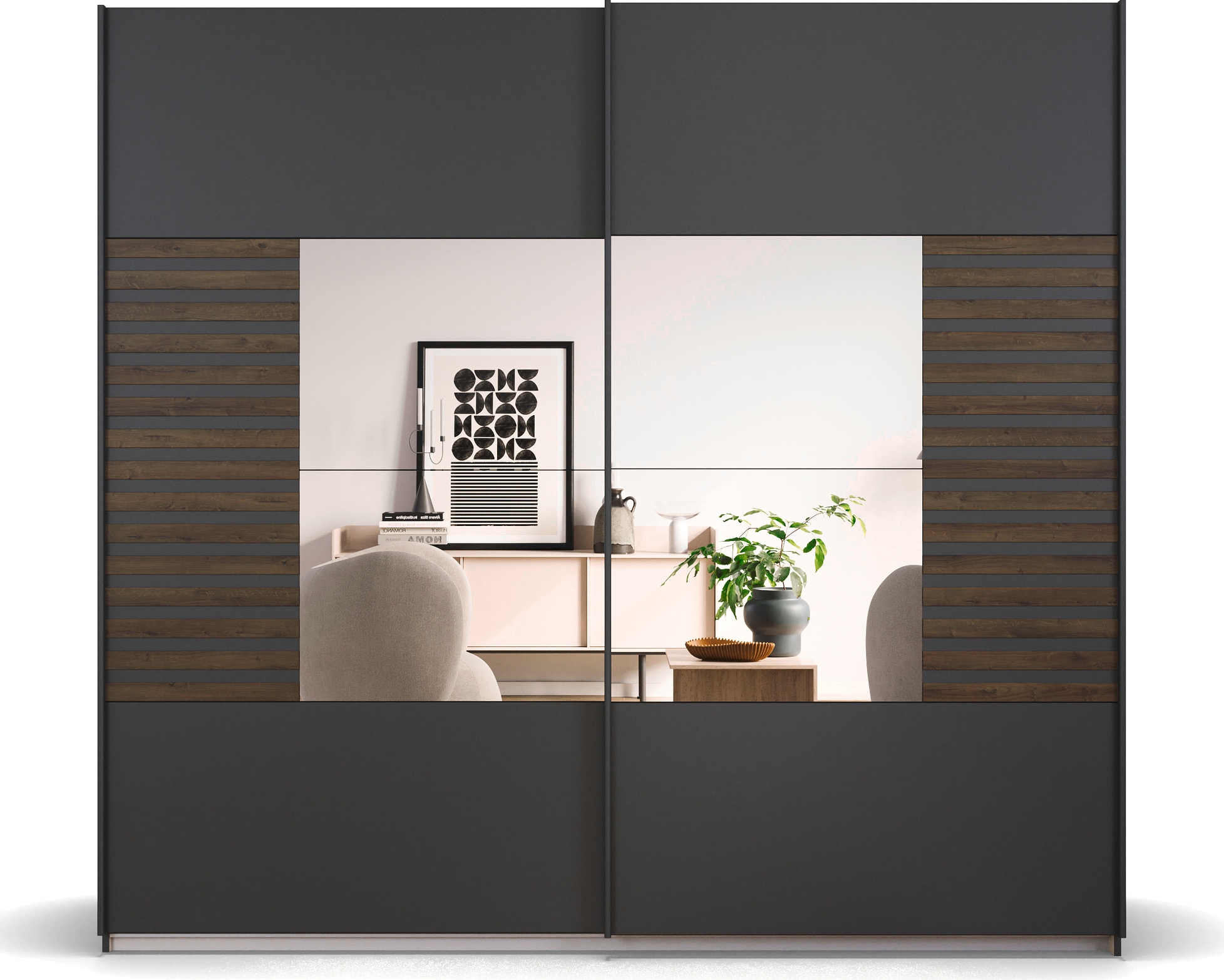 rauch Schwebetürenschrank »Kleiderschrank Schrank Garderobe Schlafzimmerschrank BAREA«, Front- Auflage in moderner Lamellen-Optik und Spiegel MADE IN GERMANY