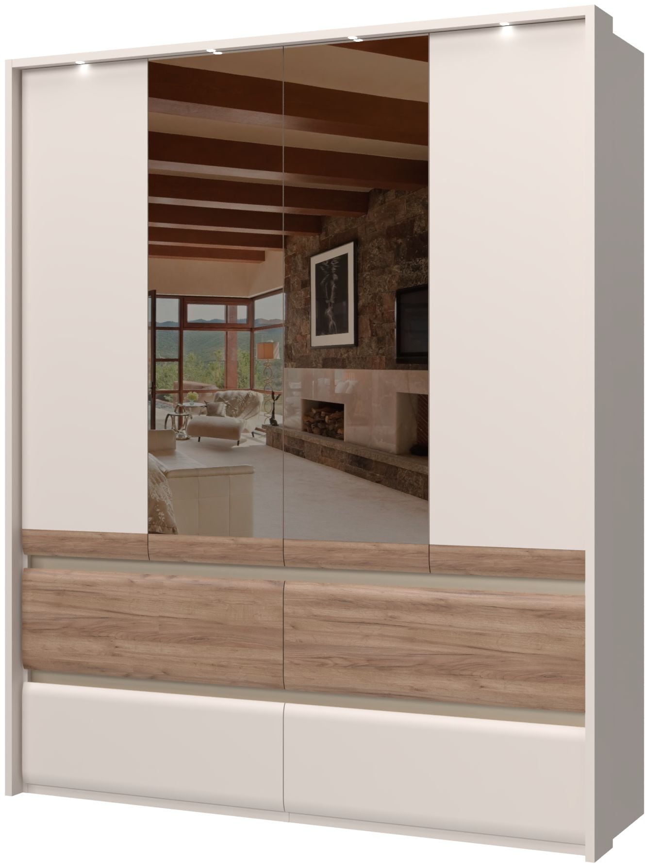 Places of Style Kleiderschrank »Invictus, UV lackiert, FSC-zertifiziert, grifflose Optik«, (abgerundete Schubladen aus MDF im Holzdekor, soft-close), mit Beleuchtung und Spiegel, in 4 Breiten, hoher Schrank (226cm)