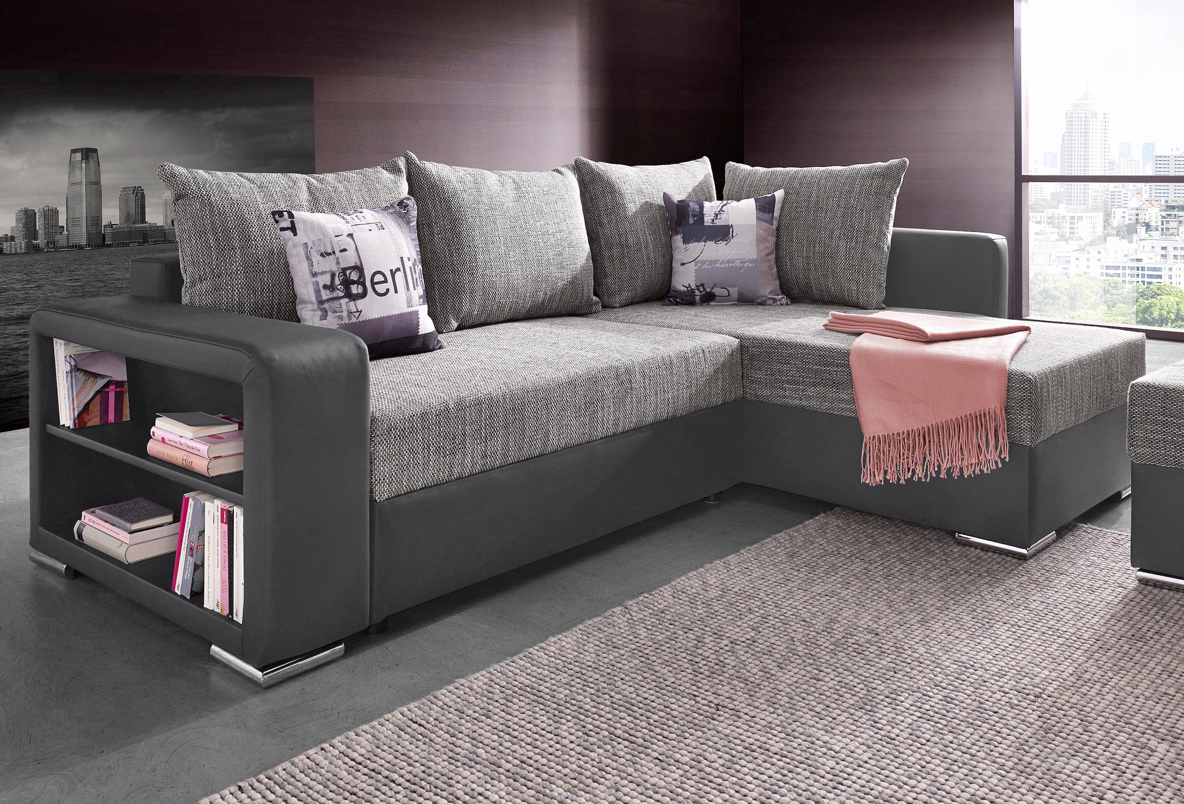 COLLECTION AB Ecksofa »John L-Form«, mit Bettfunktion, Bettkasten und integriertem Regal