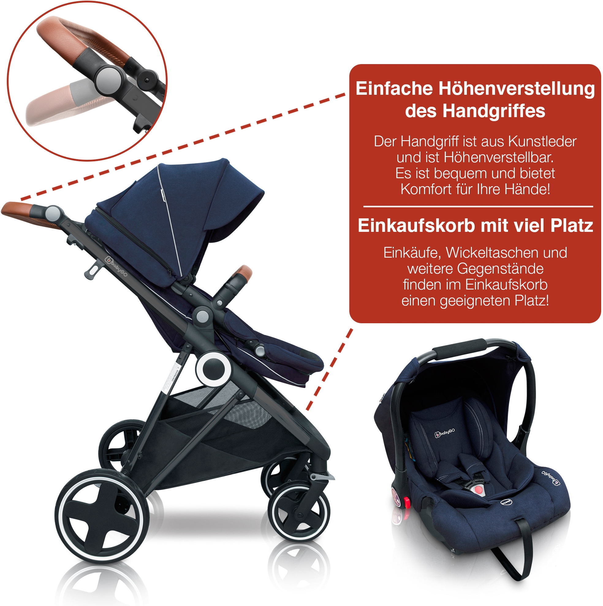 BabyGo Kombi-Kinderwagen »Halime 3in1, Blue Black«, inklusive Babywanne, Babyschale, Regenhaube & Wickeltasche