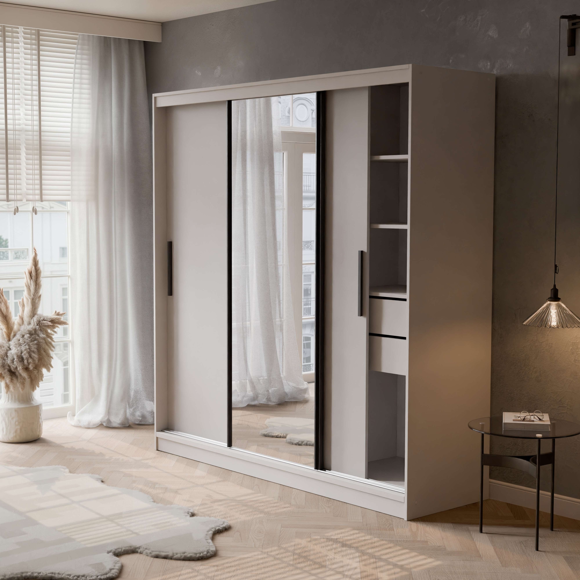 OTTO home Schwebetürenschrank »JORELLA, Premium Innenausstattung, maximaler Stauraum, Made in EU« H/B/T ca. 210/200/59 cm, 4 Schubladen, 2 Kleiderstangen, 8 Fächer,  3 Türen, schwarze Kontraste, Spiegel, modernes Design