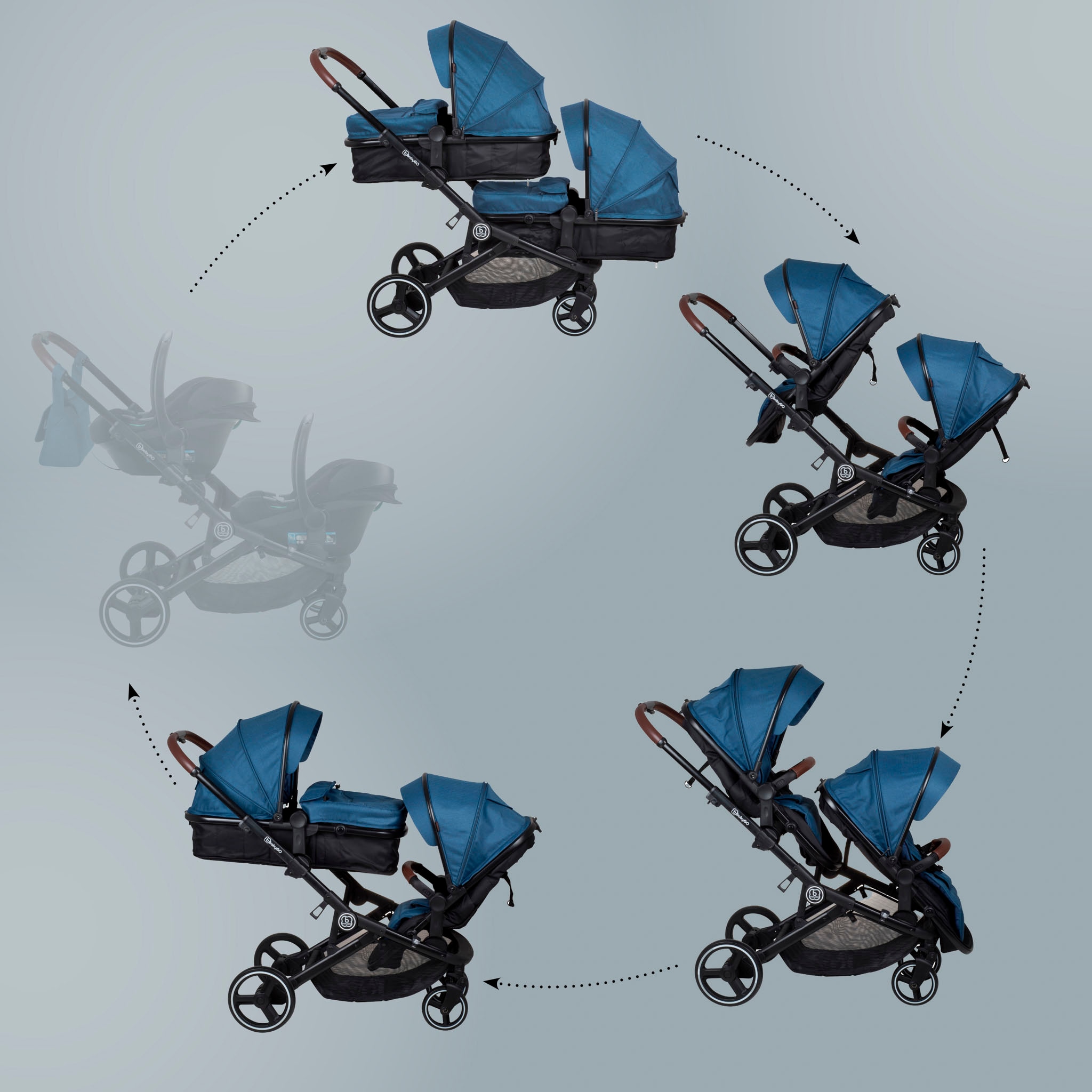 BabyGo Zwillings-Kombikinderwagen »Twinner Set, Blau melange«, 30 kg, inkl. 2 Regenhauben, Wickeltasche