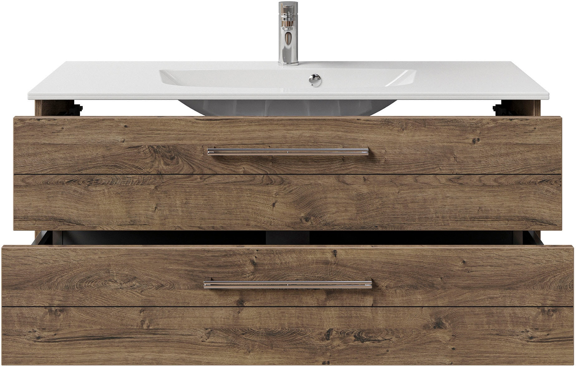Saphir Badmöbel-Set »Serie 6025 2-teilig Mineralmarmor-Waschtisch mit LED-Spiegelschrank«, (2 St.), Waschplatz 117cm breit, 2 Schubladen, 3 Spiegel-Türen, inkl Türdämpfer