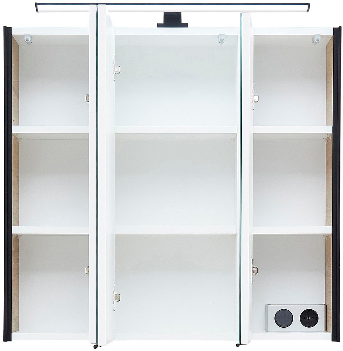 Saphir Badezimmerspiegelschrank »Quickset 395 Badschrank, 3 Spiegeltüren, 6 Einlegeböden, 75 cm breit«, inkl. LED-Beleuchtung, Türdämpfer, Schalter-/Steckdosenkombination