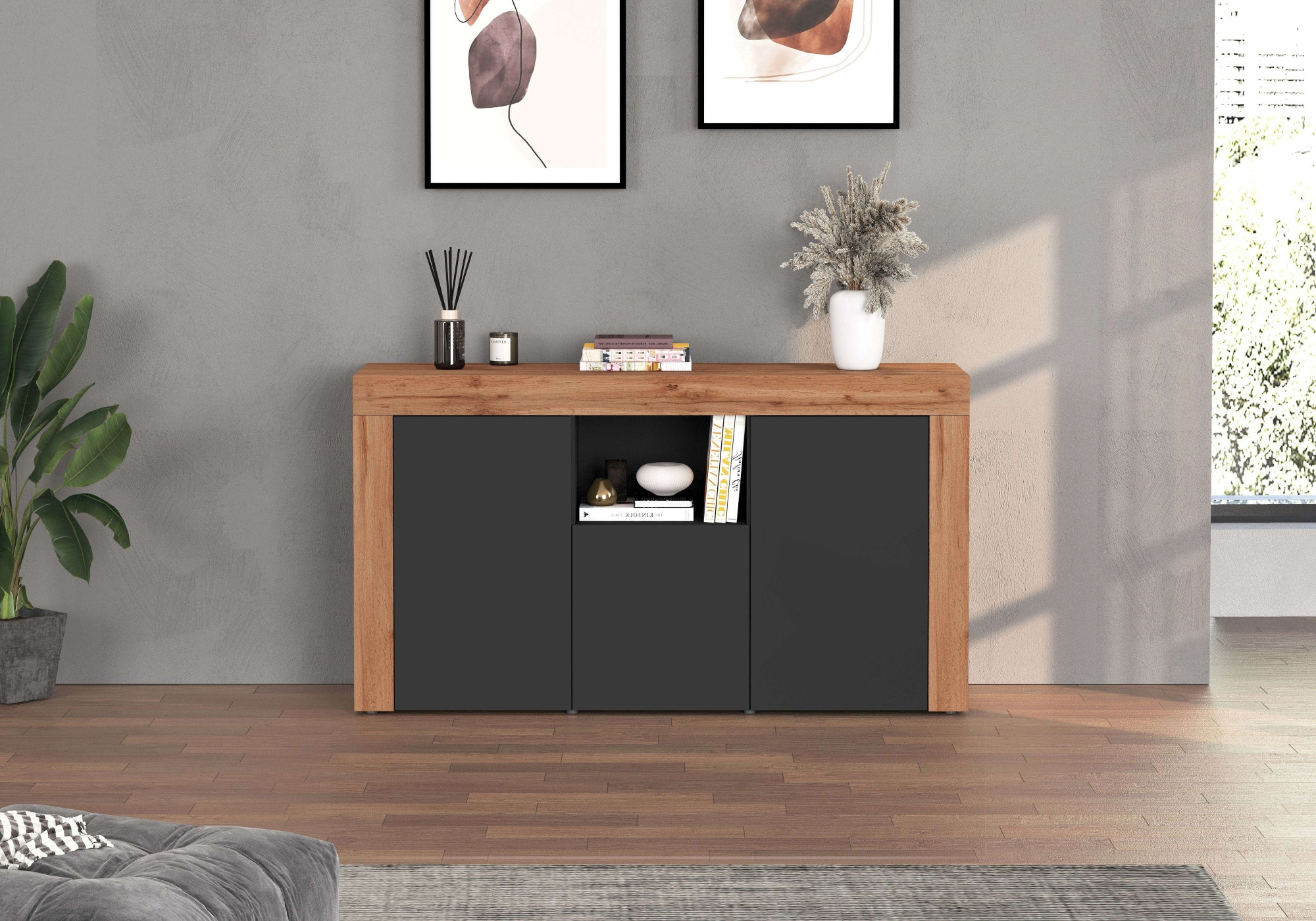 INOSIGN Sideboard »CHRONOS Breite 155 cm mit 3 Türen, 1 offenes und 6 geschlossene Fächer«, (1 St.), Sideboard,Kommode, Schrank, Grifflos mit Push to Open, Made in Italy