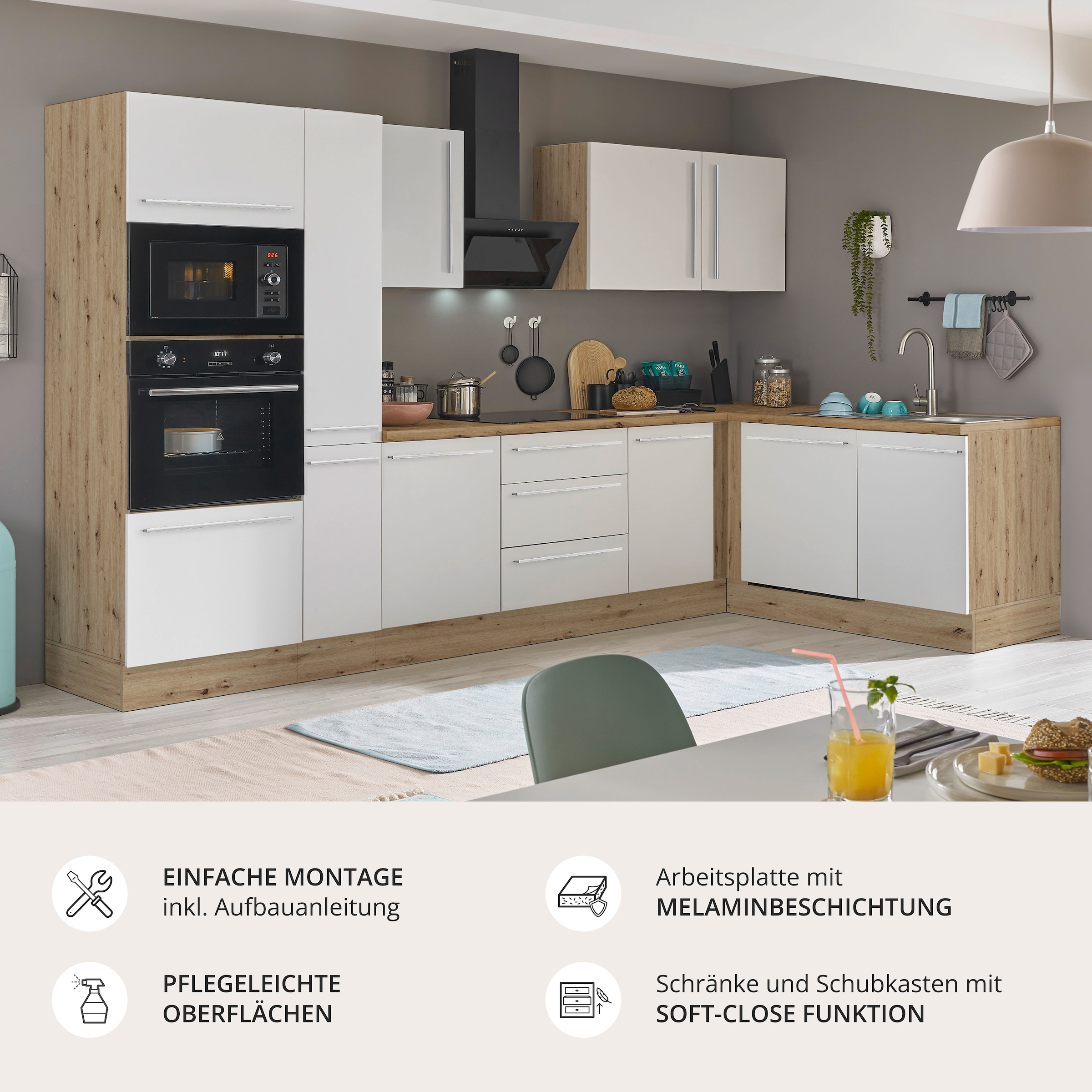 KOCHSTATION Winkelküche »Florida, Stellbreite 310x175 cm« wahlweise mit E-Geräten, mit Softclose für Türen und Schubkästen