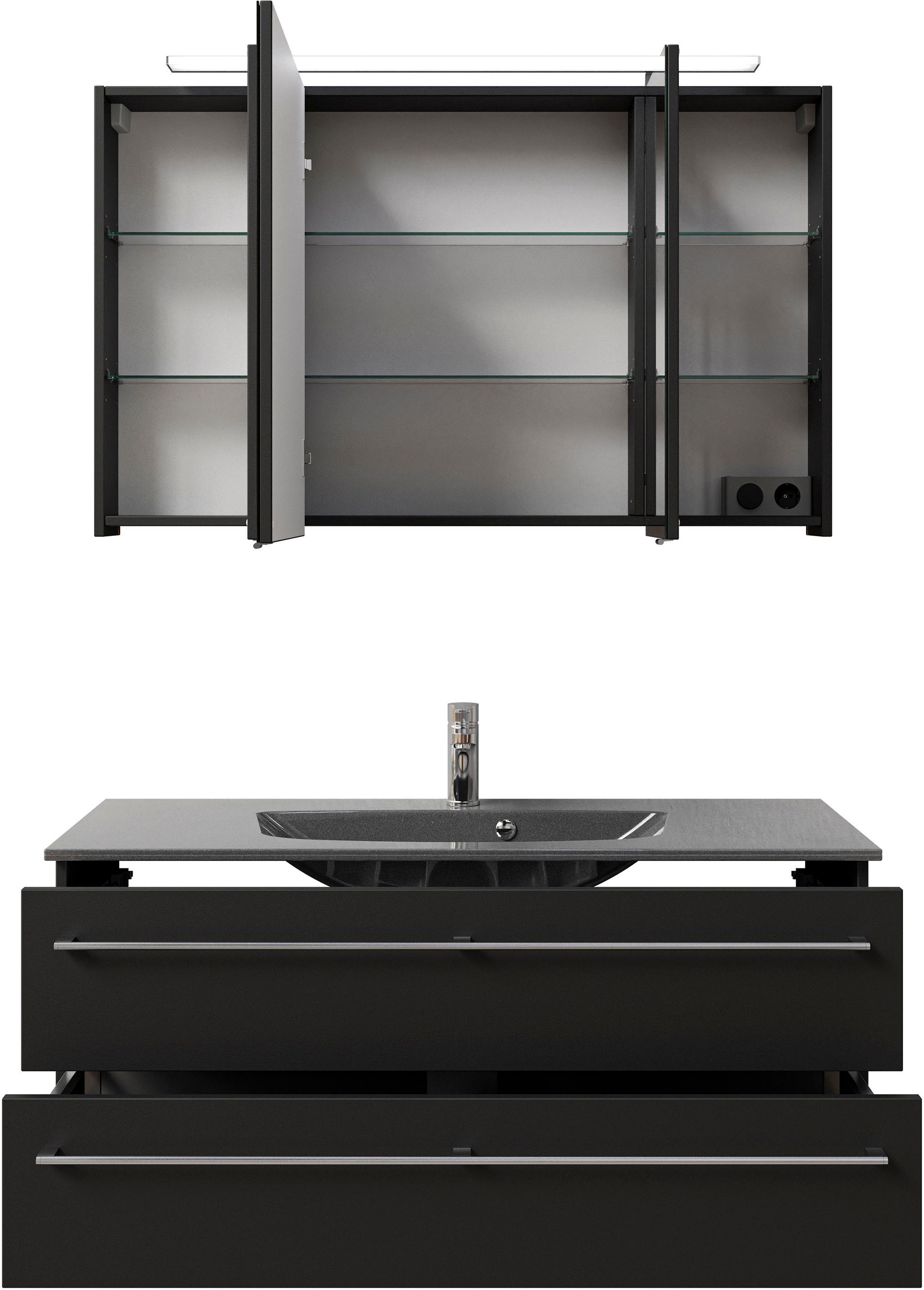 Saphir Badmöbel-Set »Serie 6025 2-teilig Mineralmarmor-Waschtisch mit LED-Spiegelschrank«, (2 St.), Waschplatz 117cm breit, 2 Schubladen, 3 Spiegel-Türen, inkl Türdämpfer