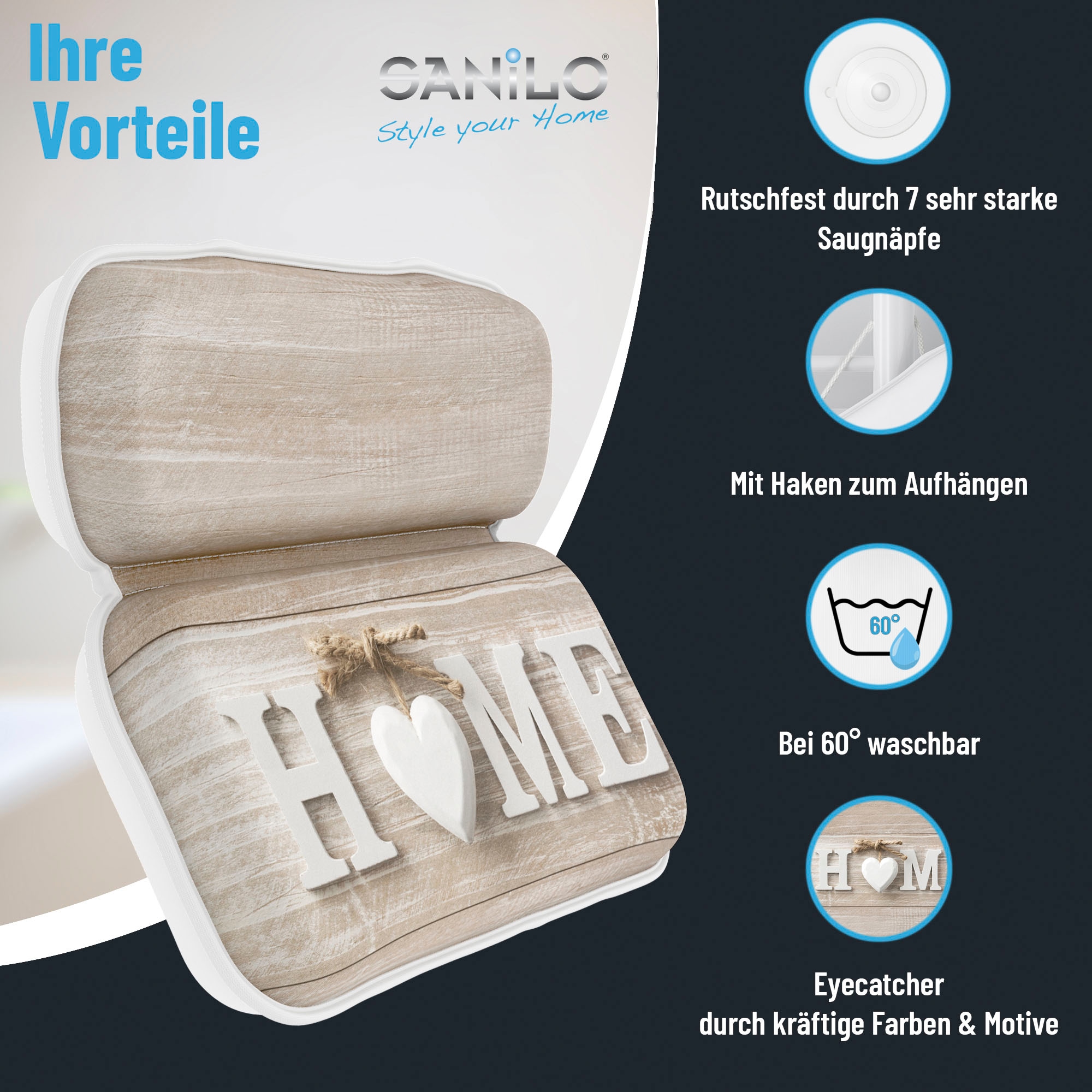 Sanilo Nackenkissen »Badewannenkissen Home« bequem, rutschfest, kräftige Farben, mit 7 starken Saugnäpfen