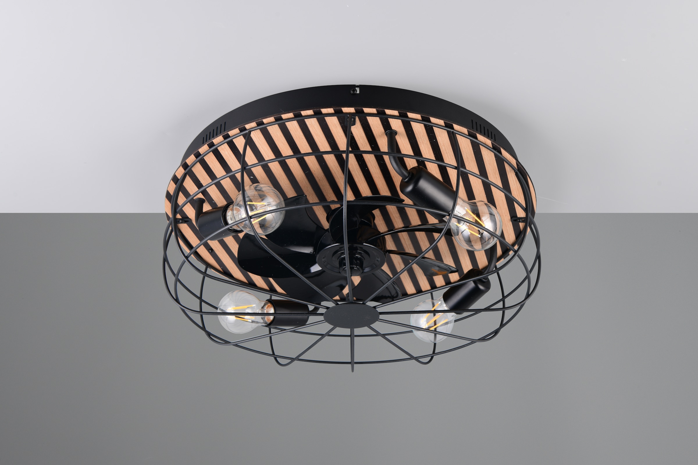 Leonique Deckenleuchte »Nilux mit Ventilator, Deckenventilator mit Licht exkl 4x E27 max 10W«, 4 flammig, Leuchtmittel E27 | Leuchtmittel wechselbar, Holzstreifen Optik Akustikpaneel, Fernbedienung, 3 Stufen + Timer