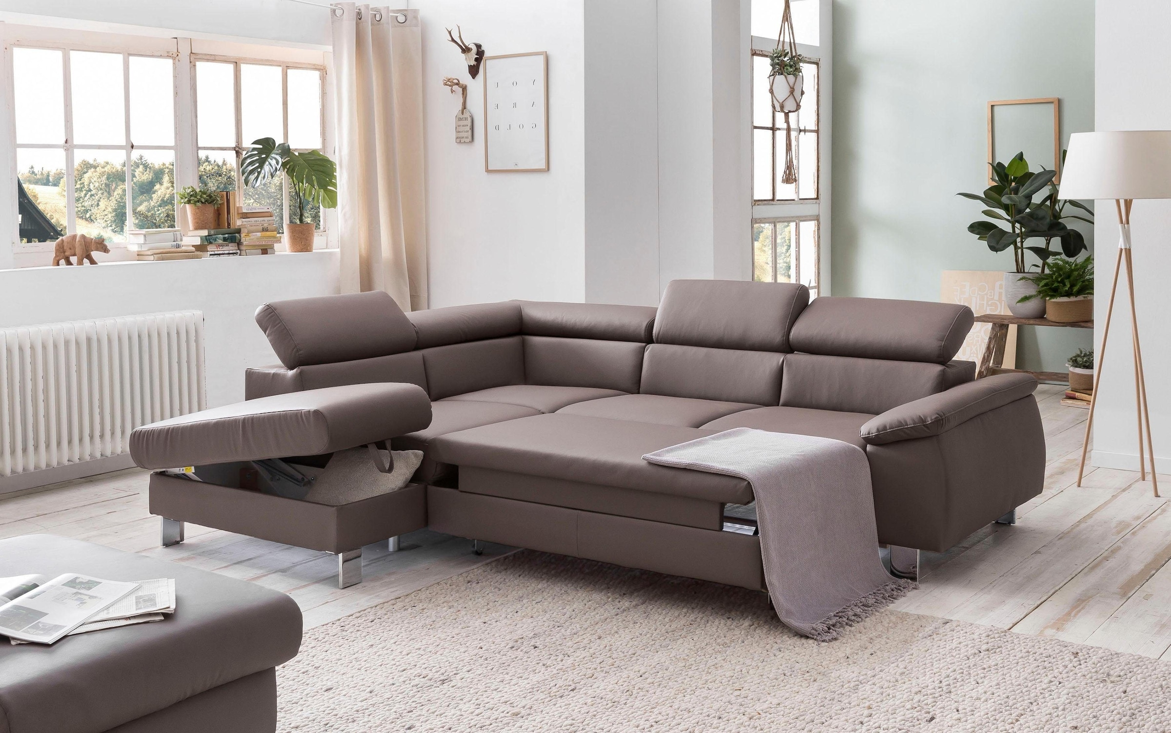COTTA Ecksofa »Komaris L-Form mit Kopfteilverstellung«, wahlweise mit Bettfunktion, Bettkasten & Beleuchtung