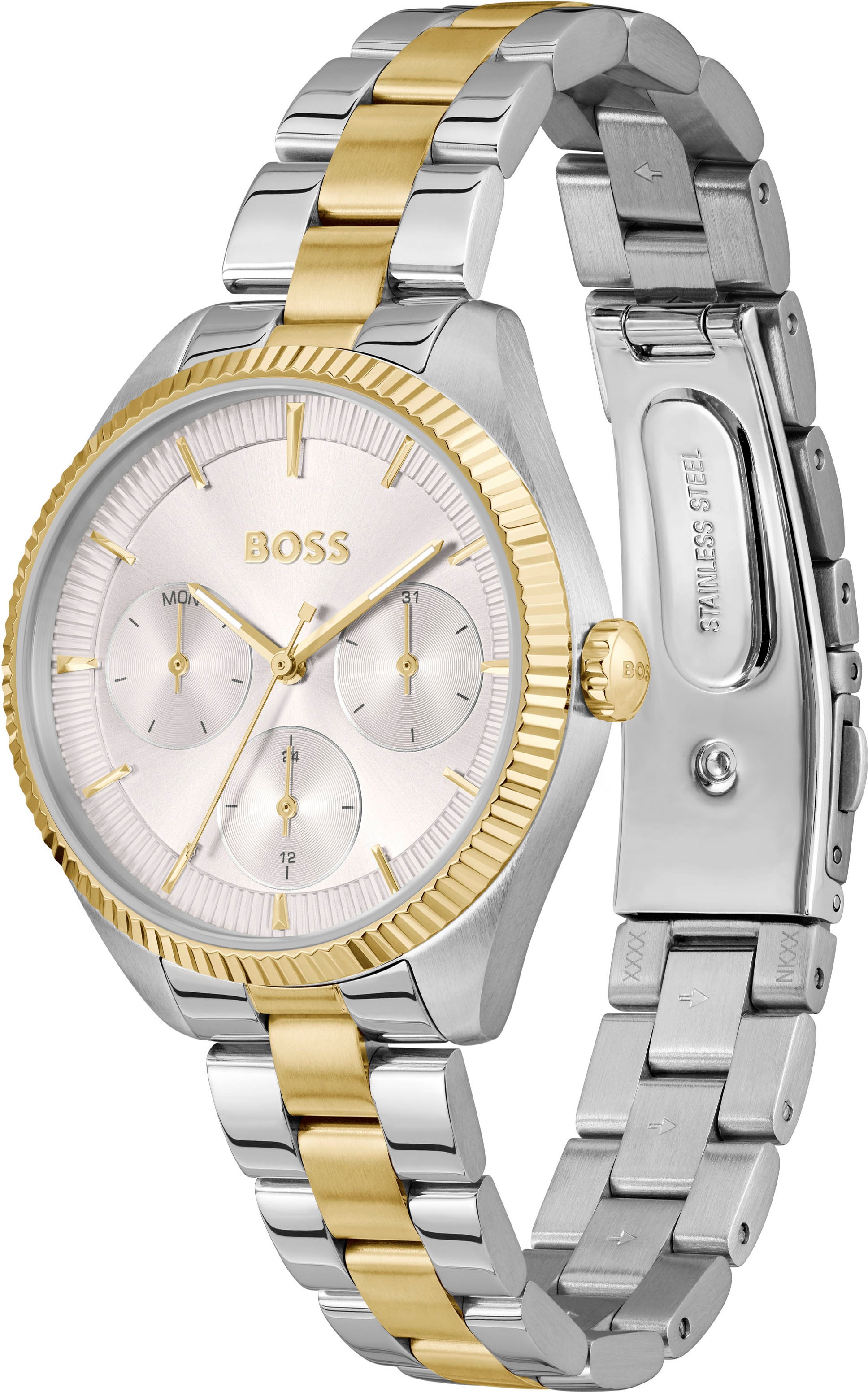 BOSS Multifunktionsuhr »SAGE SPORT«, Quarzuhr, Armbanduhr, Damenuhr, Edelstahlarmband, analog