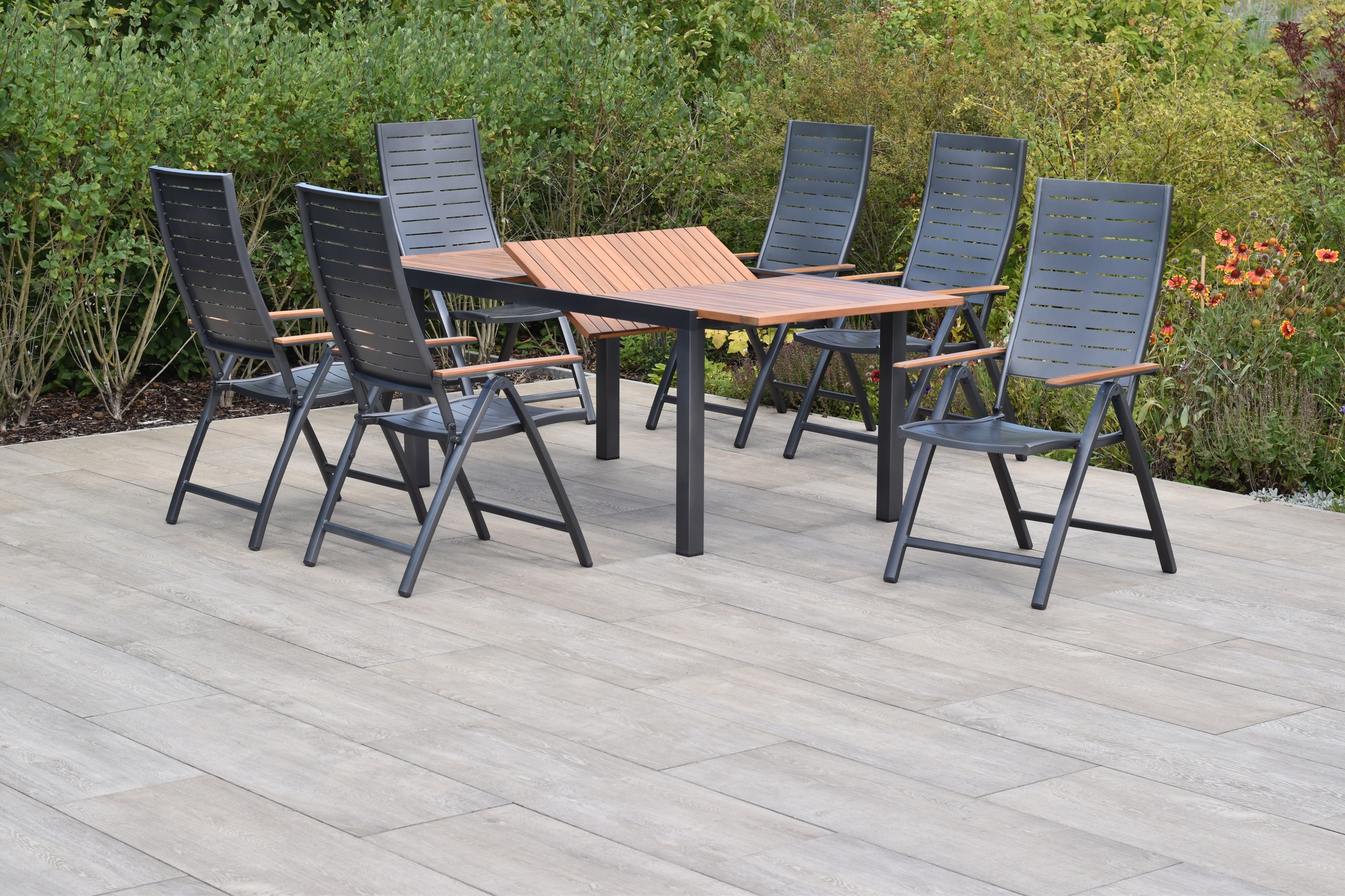 MERXX Garten-Essgruppe »»Tinos««, (Set, 7 tlg., Pulverbeschichtetes Aluminiumgestell), Ausziehtisch: LxB: 150-200 x 90 cm