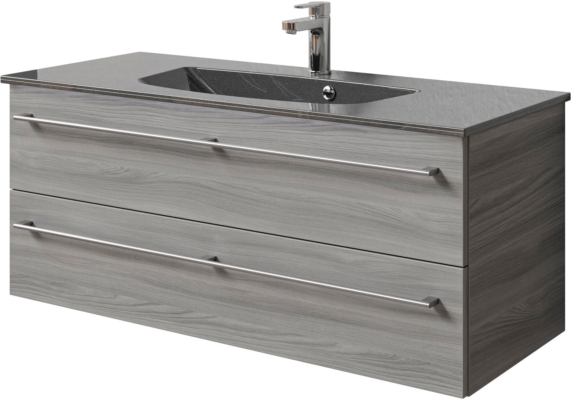 Saphir Badmöbel-Set »Serie 6025 2-teilig Mineralmarmor-Waschtisch mit LED-Spiegelschrank«, (2 St.), Waschplatz 117cm breit, 2 Schubladen, 3 Spiegel-Türen, inkl Türdämpfer
