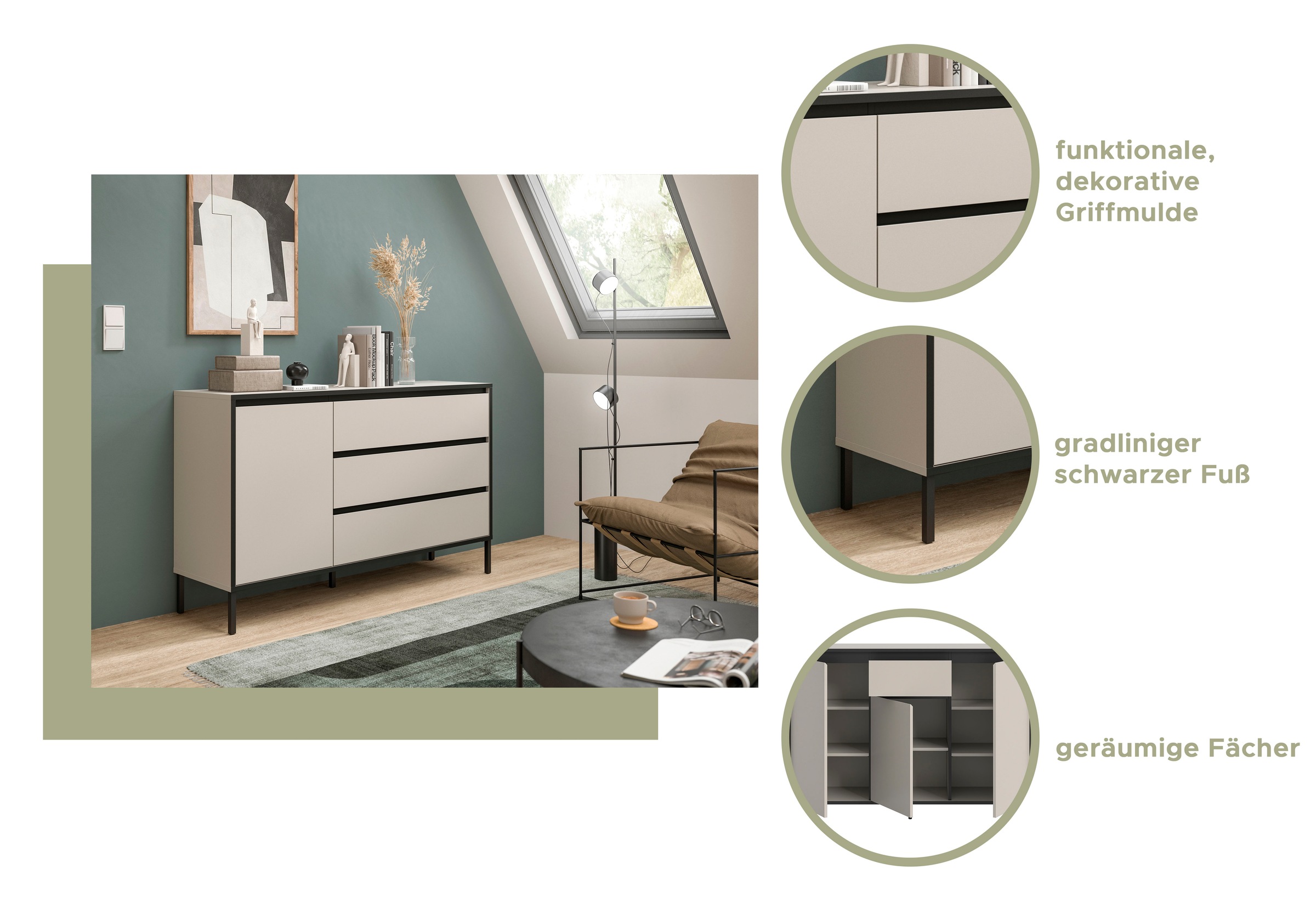 INOSIGN Sideboard »NORT, Breite: 136cm, mit Metall Stabfuß, 1 Tür, 3 Schubkästen«, Anrichte, Kommode, Schrank, Board, Higboard