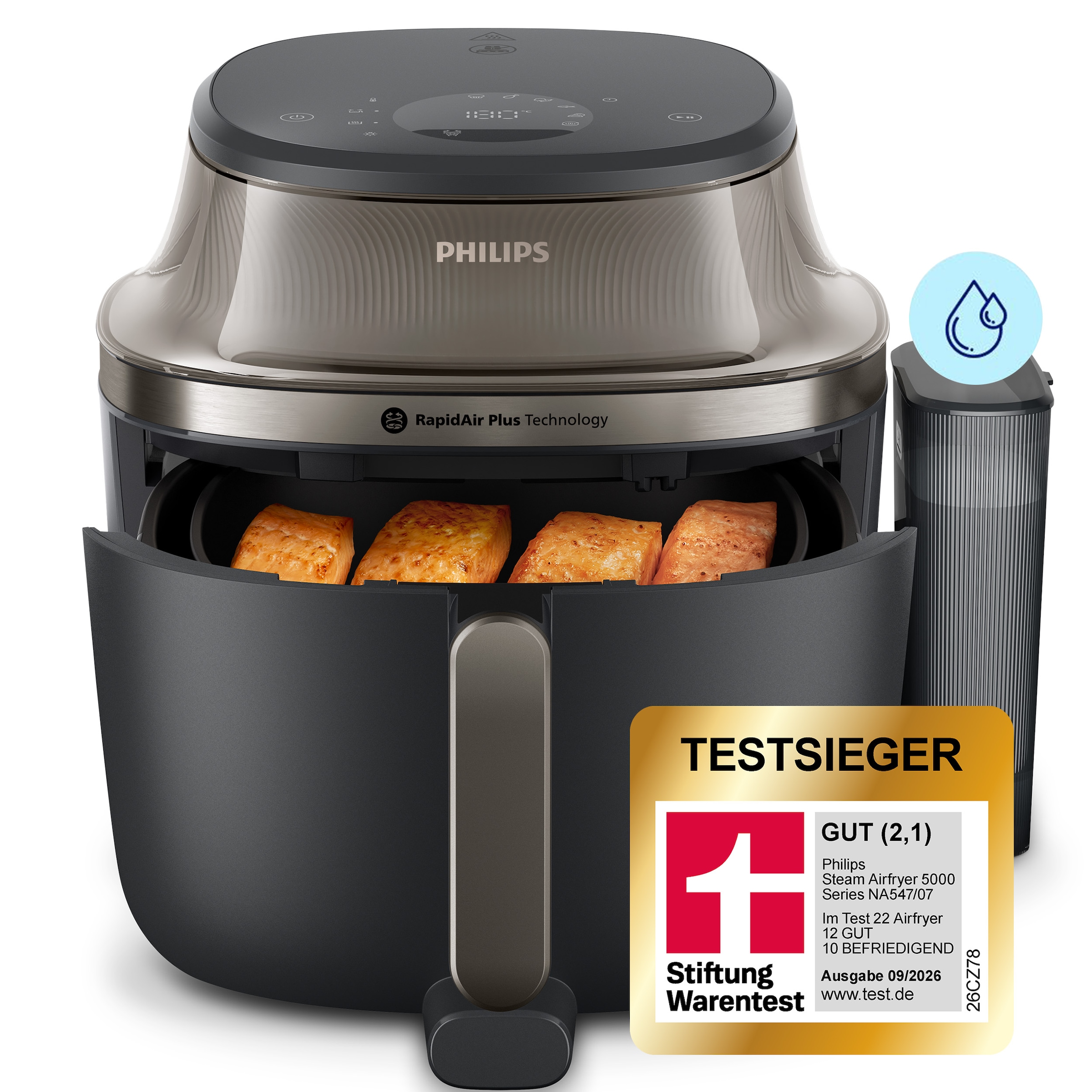 Philips Heißluftfritteuse »NA547/07 Steam Airfryer 5000 Series mit EasySlide, 7,2L Kapazität« 2000 W mit Dampfgarfunktion u. RapidAir Plus Technologie; Schwarz/Gold
