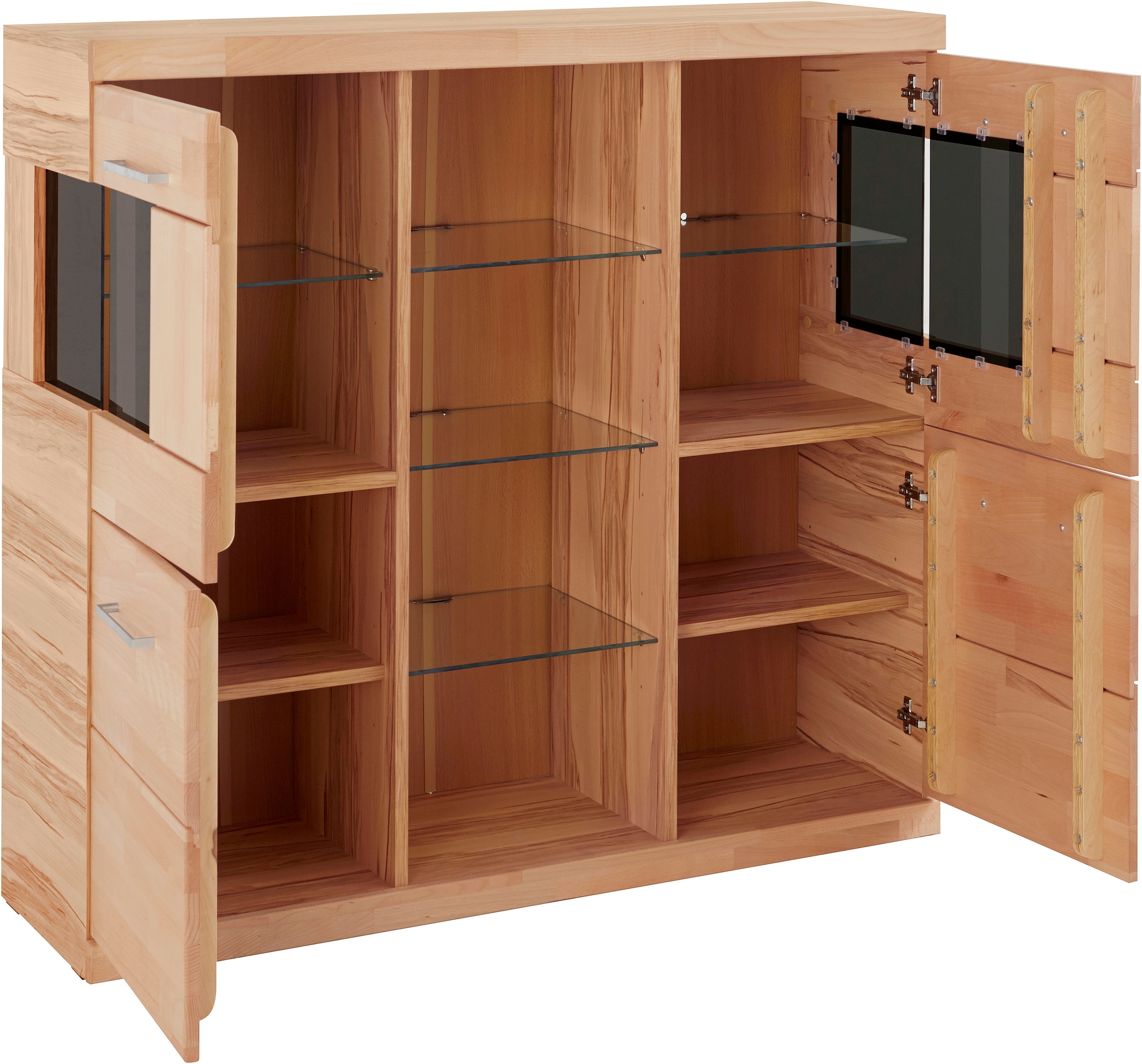Home affaire Highboard »Ribe,120cm breit,112cm hoch, Fronten Massivholz,12 Fächer«, Holz massiv, Holzwerkstoff, Metall Griffe,2Türen mit Glaseinsatz