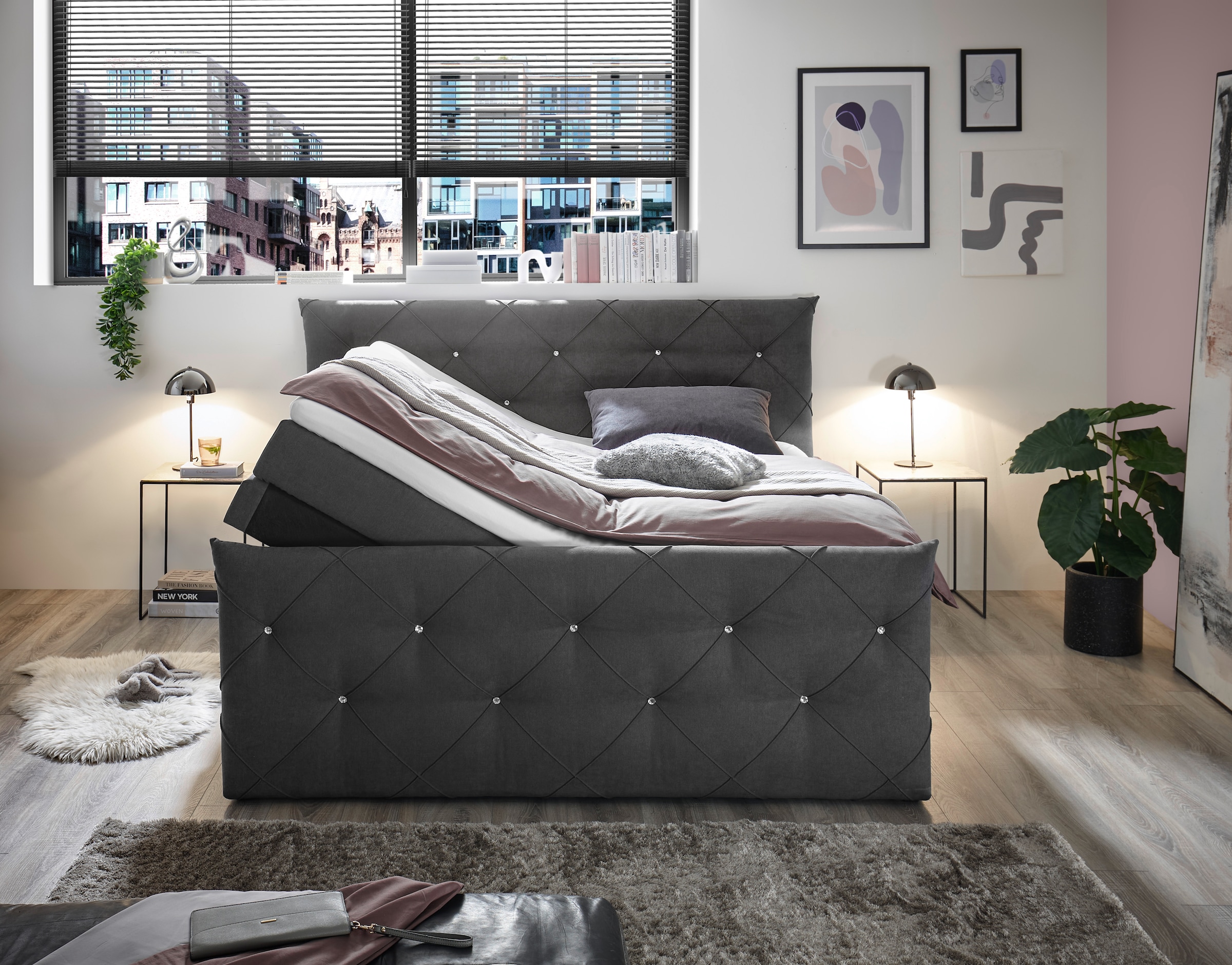 ED EXCITING DESIGN Boxspringbett »Villano«, mit Strasssteinen, Breite: 180cm, mit Bettkasten, inkl. Topper