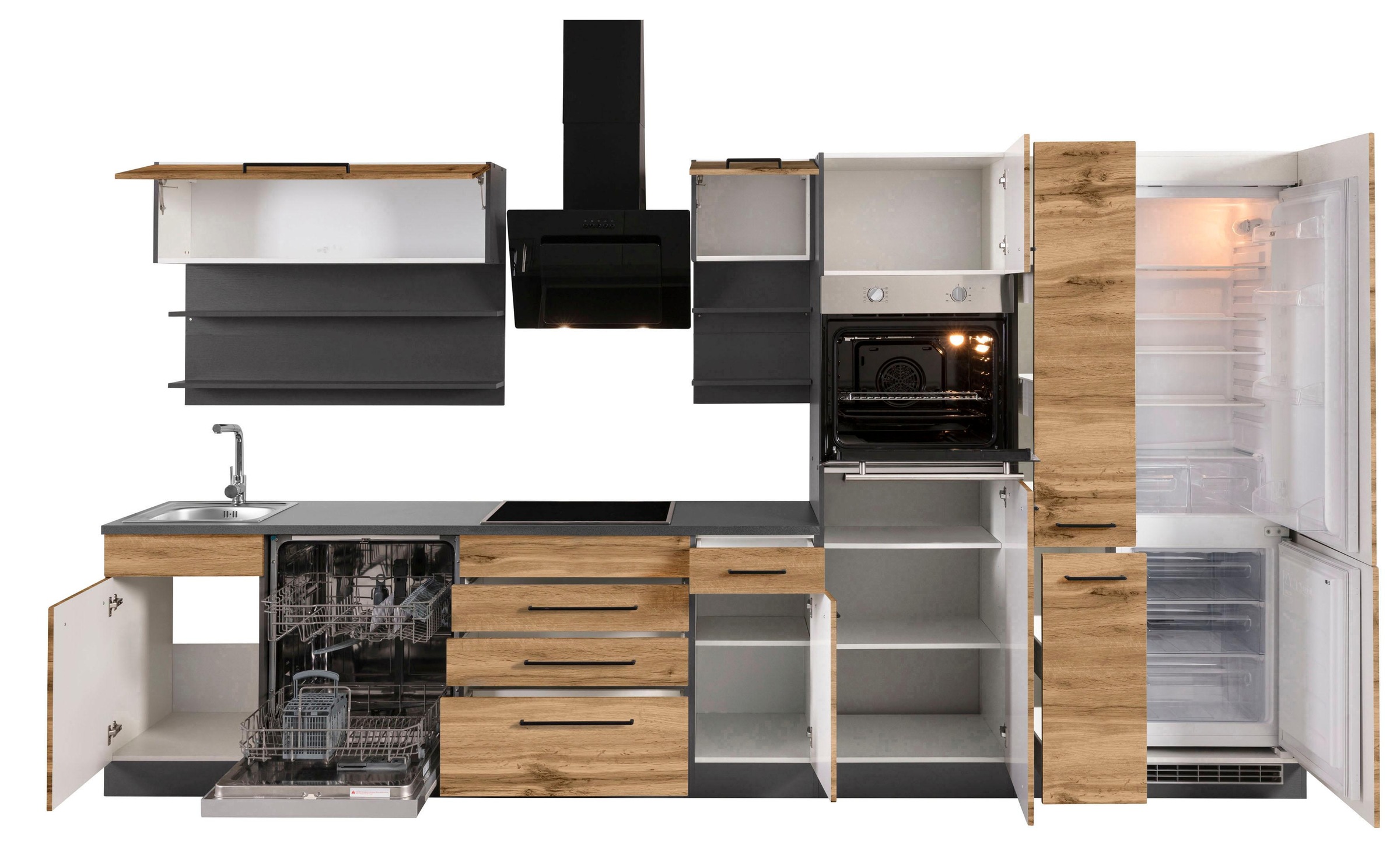 KOCHSTATION Küchenzeile »KS-Tulsa« ohne E-Geräte, Breite 360 cm, schwarze Metallgriffe, MDF Fronten