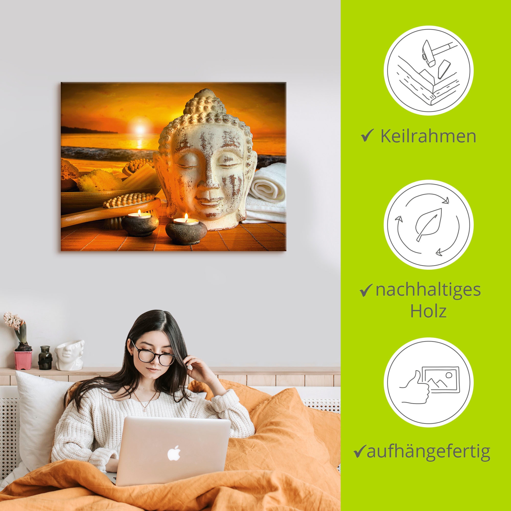 Artland Wandbild »Bad-Zubehör mit Buddha-Statue«, Religion, (1 St.), als Alubild, Outdoorbild, Leinwandbild, Wandaufkleber, versch. Größen