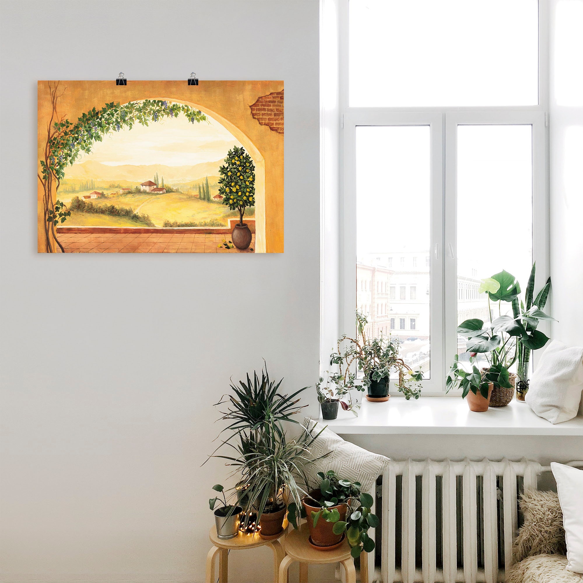 Artland Wandbild »Weinranken vor der Toskanalandschaft«, Fensterblick, (1 St.), als Leinwandbild, Poster in verschied. Größen