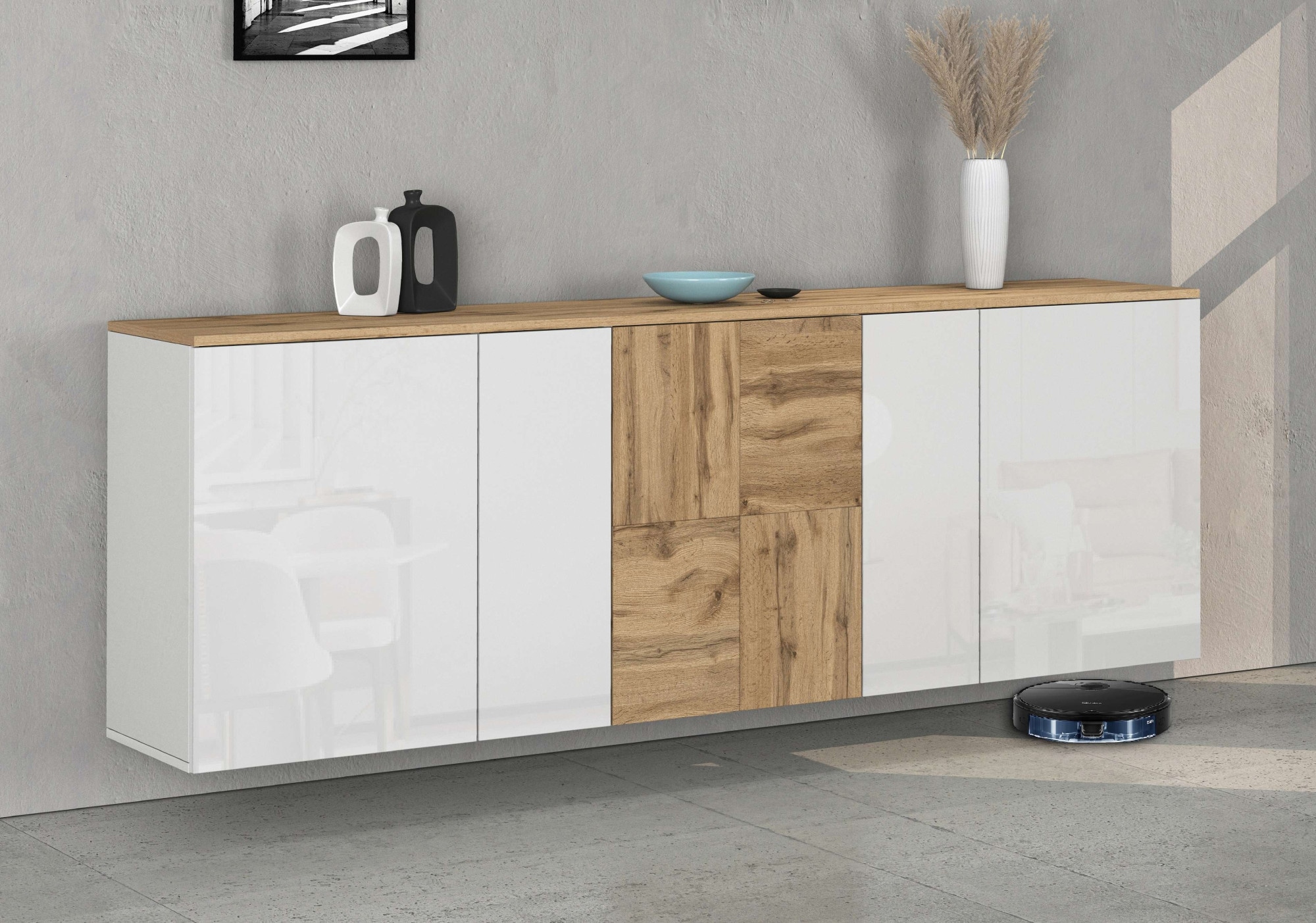 INOSIGN Sideboard »Sideboard ISEO, Kommode, Schrank, Kredenz« 1 Stk. tlg. stehend/hängend, 5 Türen HG lackiert, 6 Fächer, B 200 cm