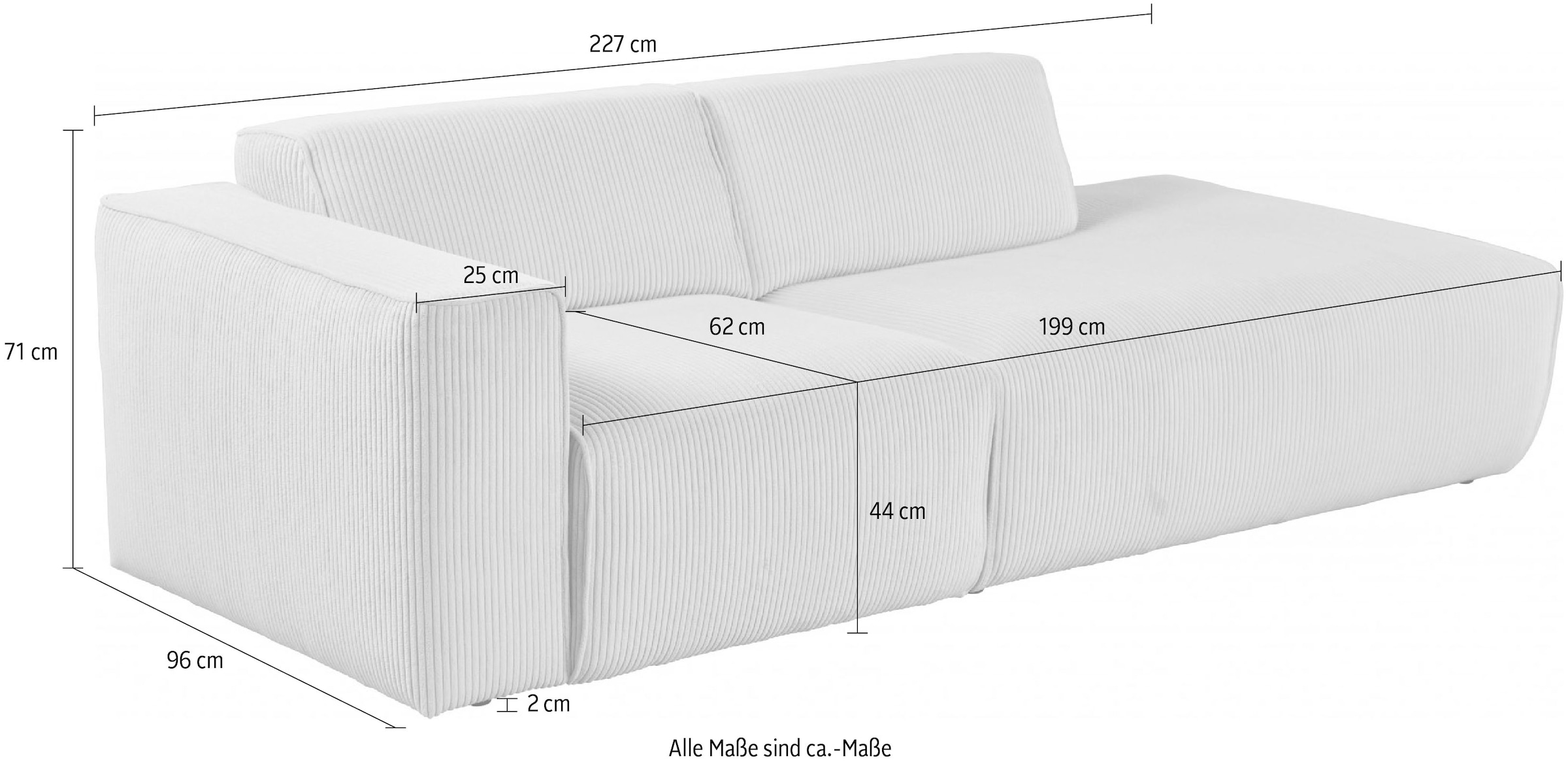 andas 2-Sitzer »Noord mit Kedernaht, Breite 227 cm«, Cord, Struktur, Webstoff, mit Wellenunterfederung, Massivholzrahmen
