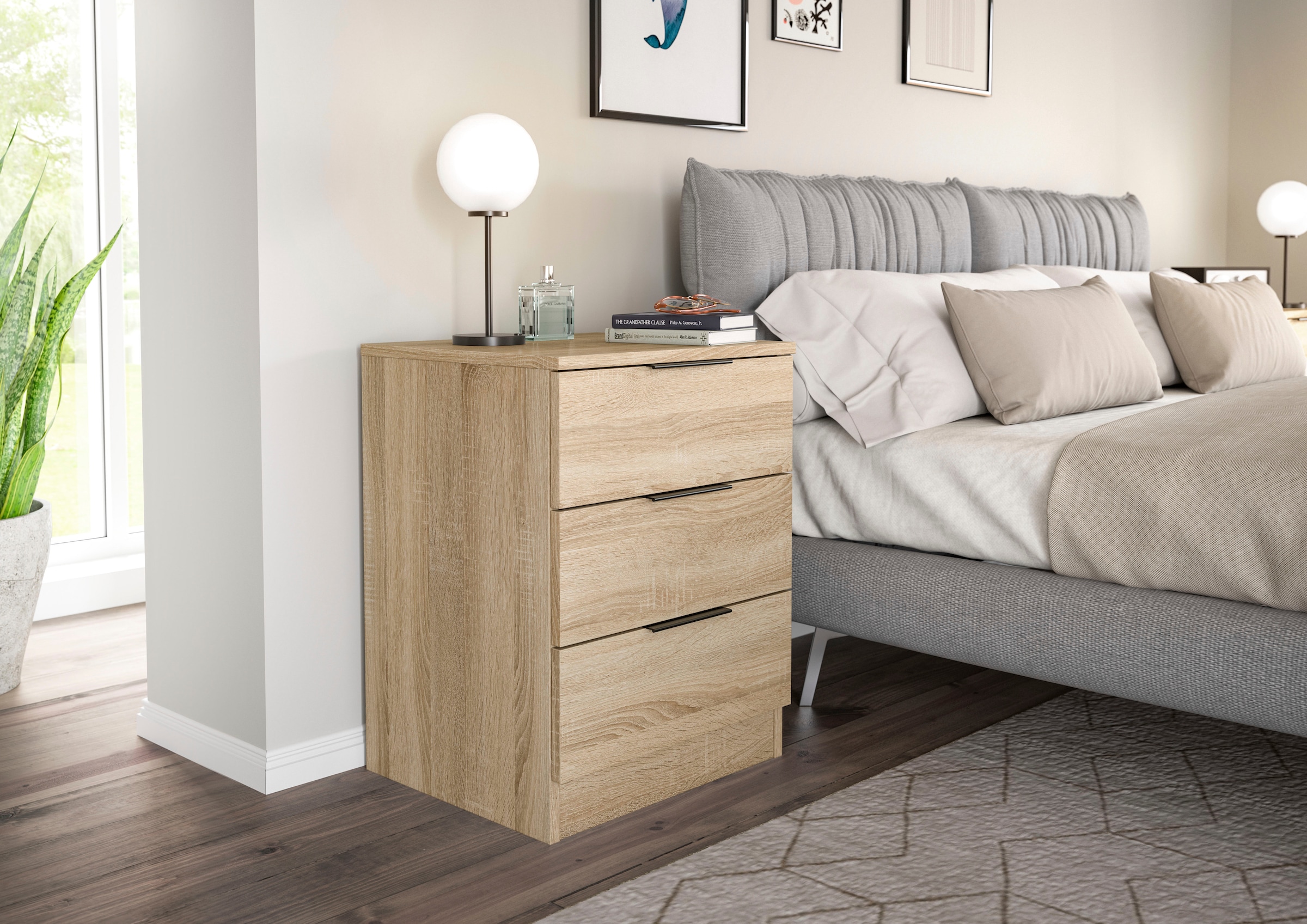 Home affaire Nachtkommode »Skarde 2 Nachttische, jeweils Breite: 45 cm« Set, Sie bekommen 2  Nachttische im Set, 2 Stk. tlg. Skarde, 2er Set Nachtkommode, 3 Schubkästen, Sonoma Eiche NB