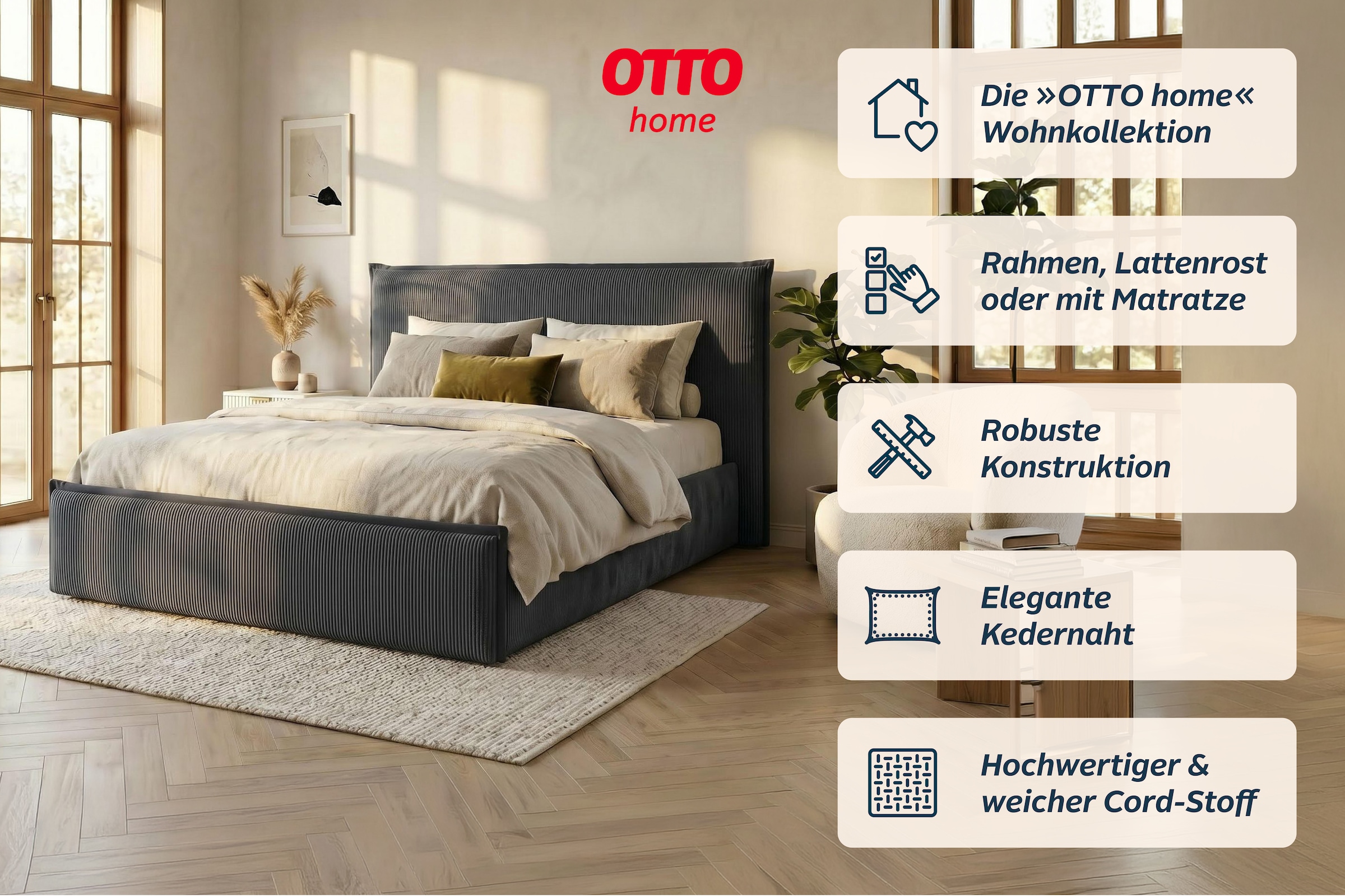 OTTO home Polsterbett »AVVILA, wahlweise mit Lattenrost und King-Matratze H3 (28cm)« mit hochwertigem Cord-Bezug