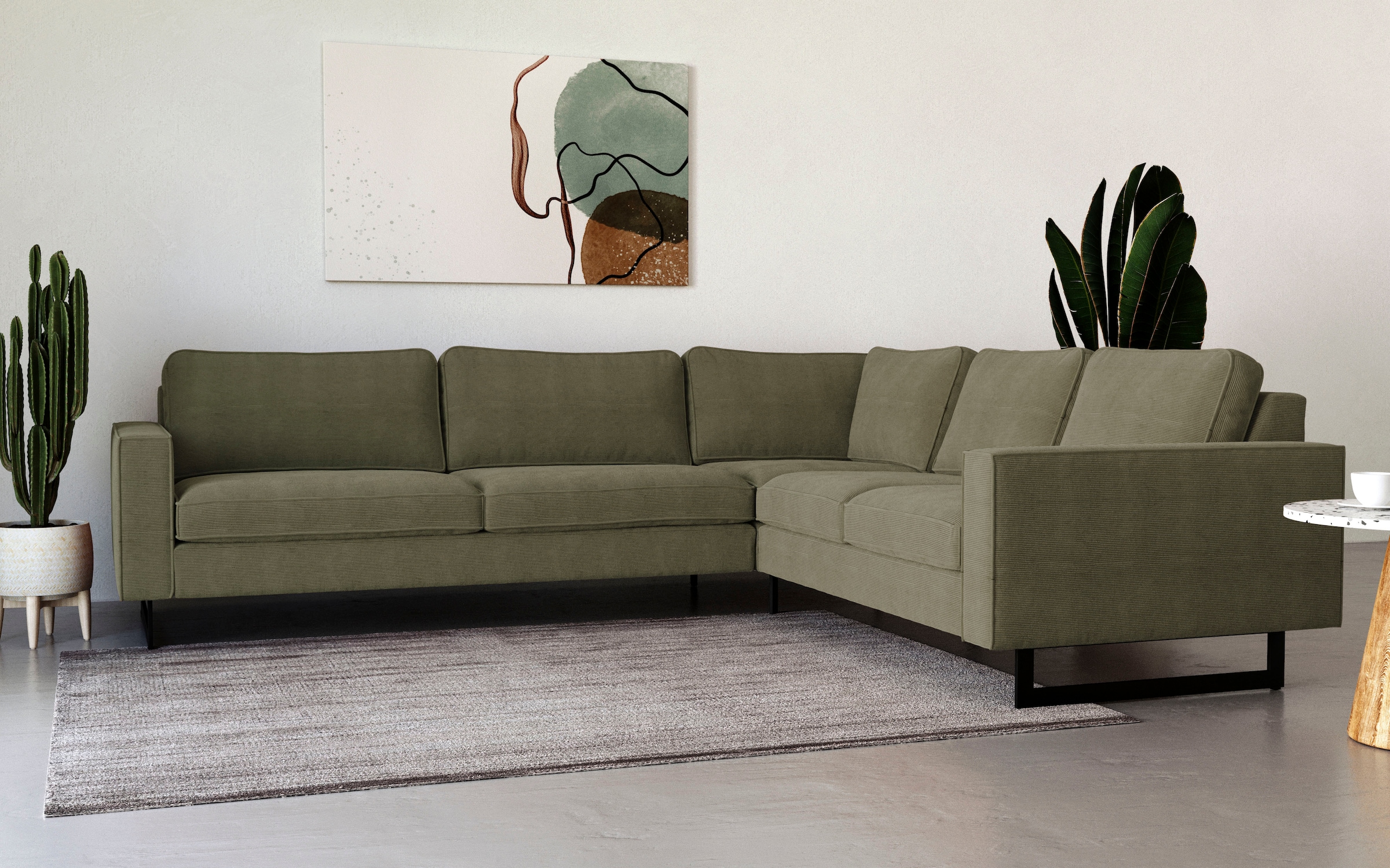 PLACES OF STYLE Ecksofa »Pinto, XXL, 250/290 cm, langer Schenkel, Ottomane« Cord, Chenille, Lederoptik, mit Keder, Metallfüße, Wellenunterfederung