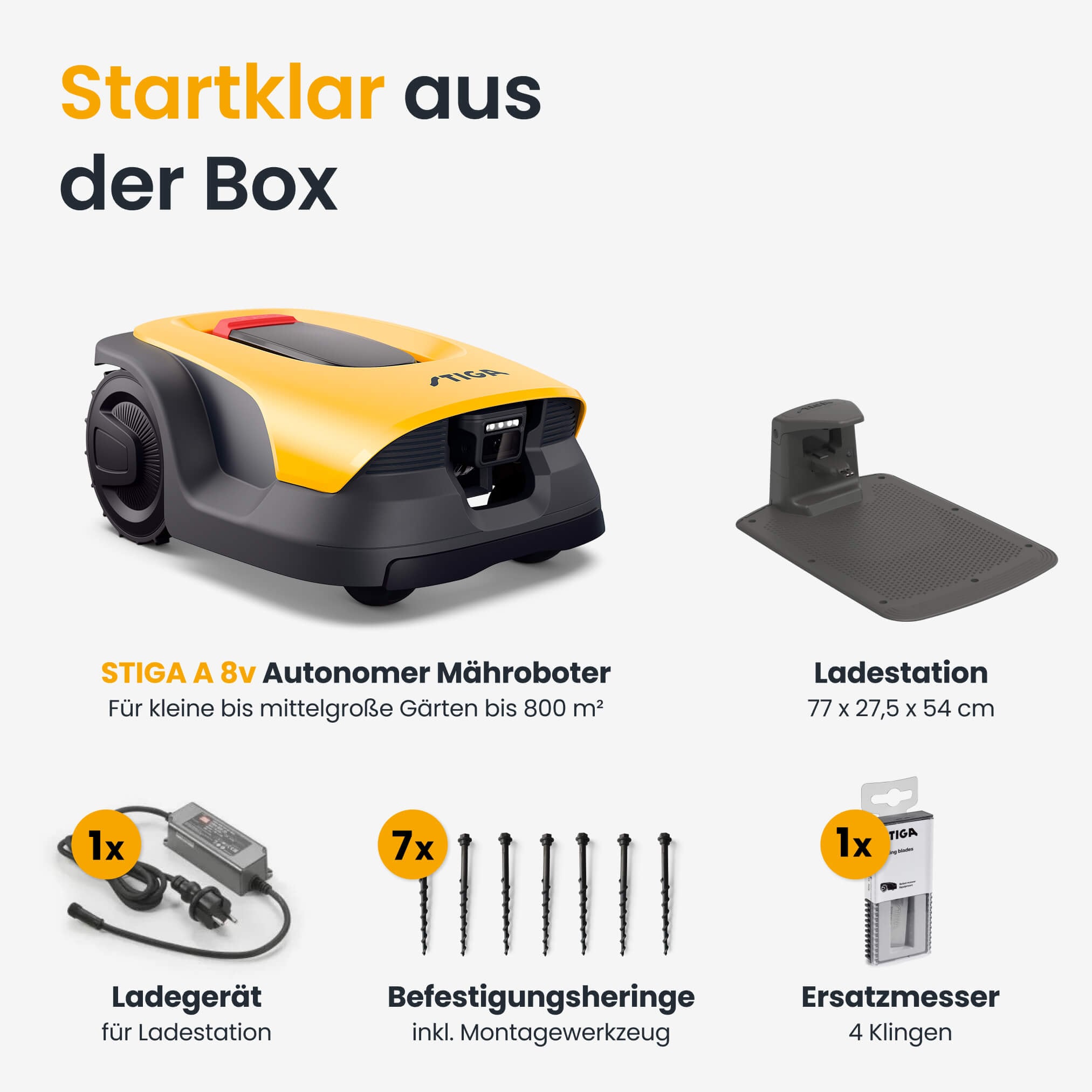 STIGA GARDEN Rasenmähroboter »A 8v« Set,   App-Steuerung, Mehrzonen-Management, RTK+KI-Kamera+VISTA-Technologie