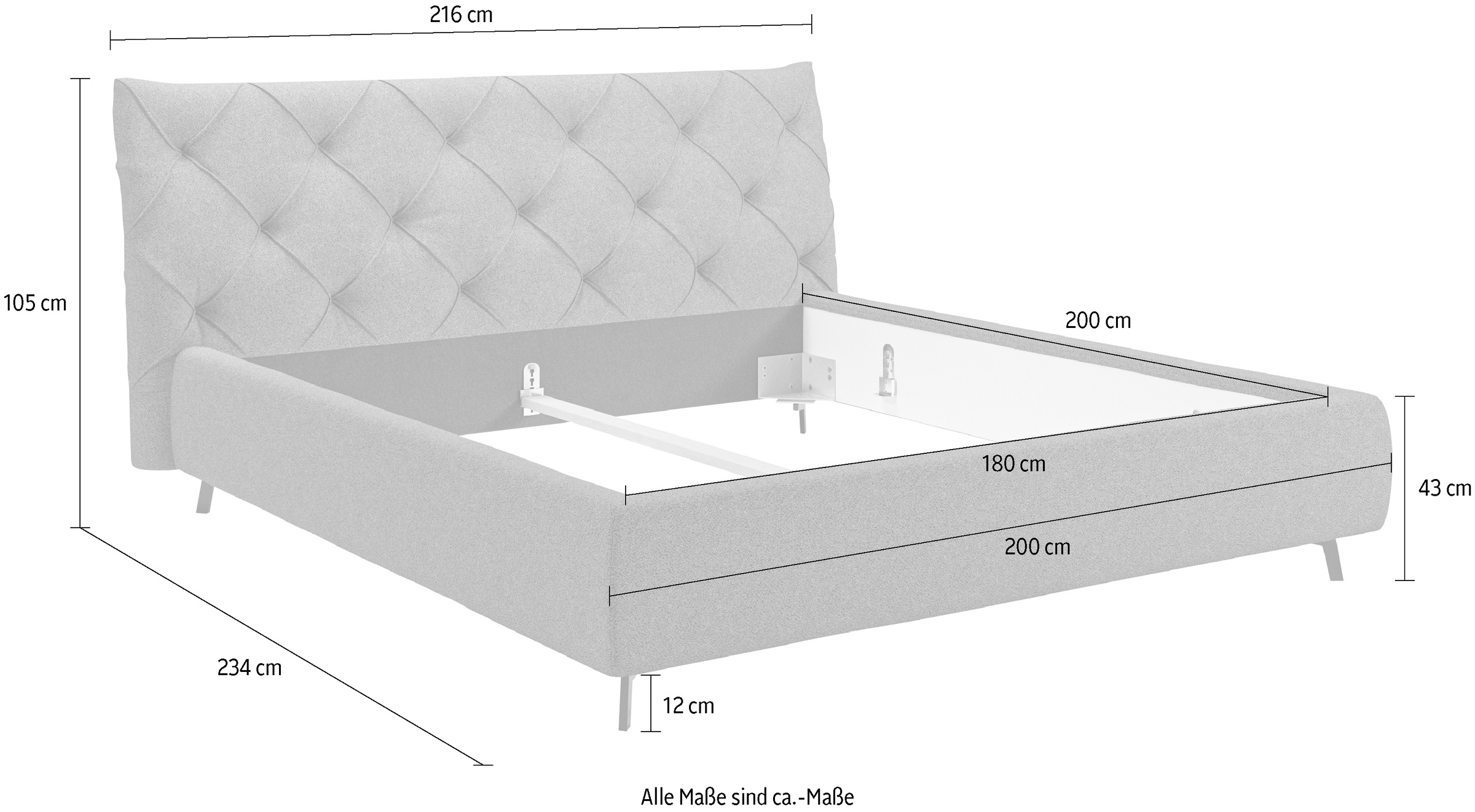 Leonique Polsterbett »Elloree, in 4 Breiten bis 200cm, auch in Leder«, Kopfteilhöhe 105 cm, belastbar bis 280 kg, auch in Überlänge 220cm