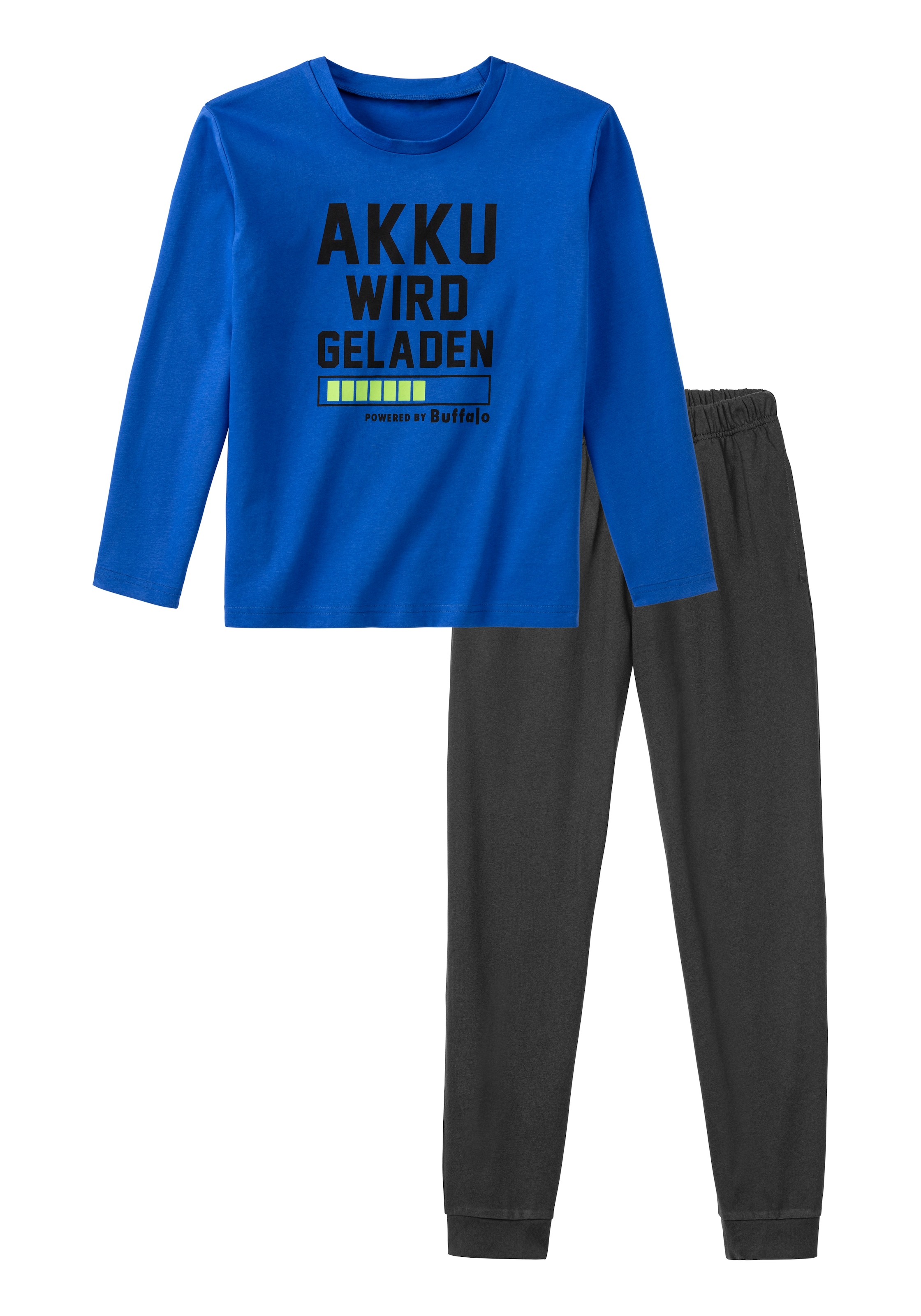 Buffalo Pyjama, (2 tlg., 1 Stück), Schlafanzug mit Spruch Akku wird geladen