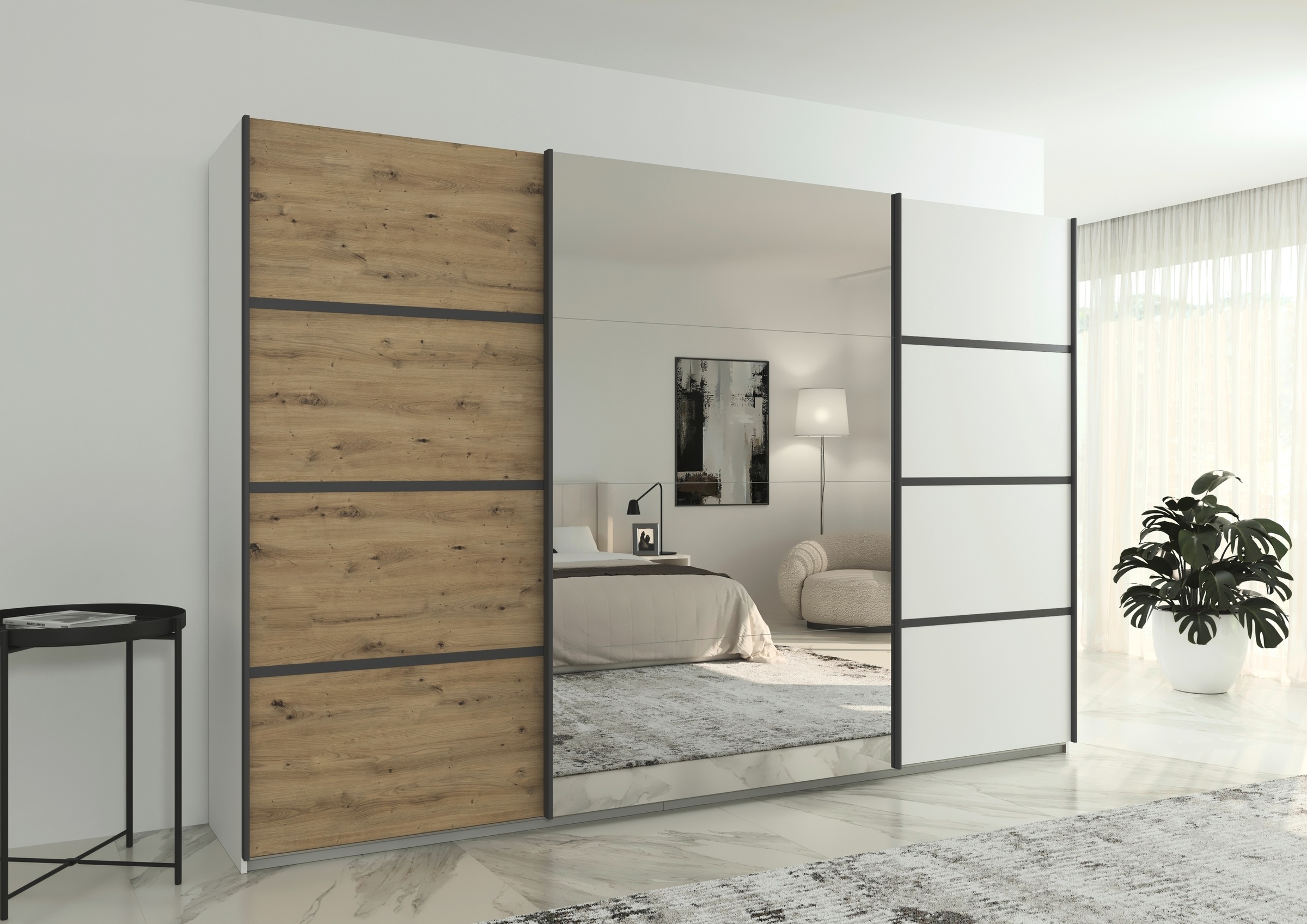 rauch Kleiderschrank »Schwebetürenschrank OTTO´s Choice Garderobe Schrank TOP ANGEBOT Avola«, (in 3 verschiedenen Ausstattungen BASIC/CLASSIC/PREMIUM inkl. Spiegel), mit eleganten Zierleisten in Chrom, Schwarz oder Weiß MADE IN GERMANY