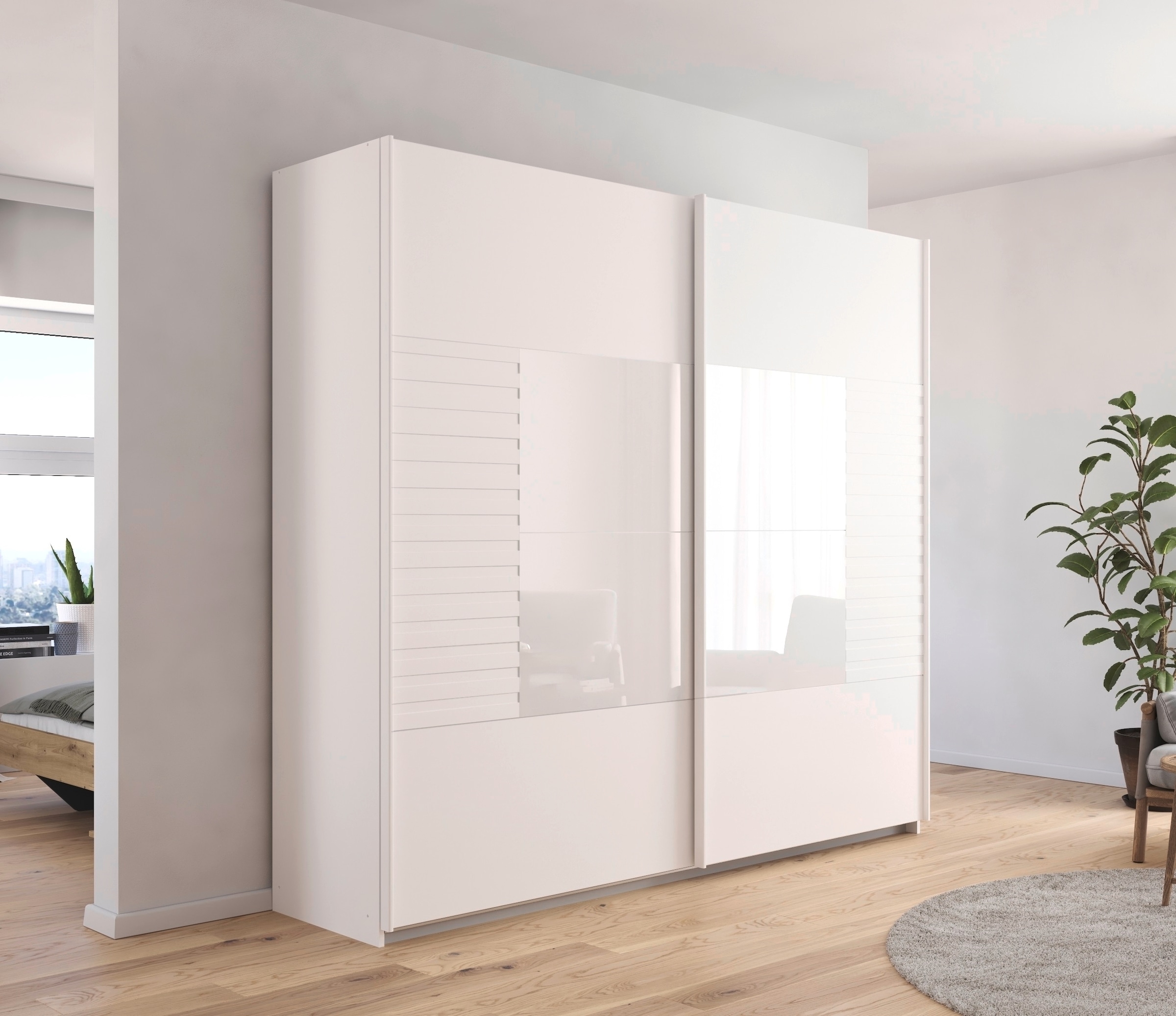 rauch Schwebetürenschrank »Kleiderschrank Schrank Garderobe Schlafzimmerschrank RUGA«, Auflagen in moderner Lamellen-Optik, mit Glasauflagen MADE IN GERMANY