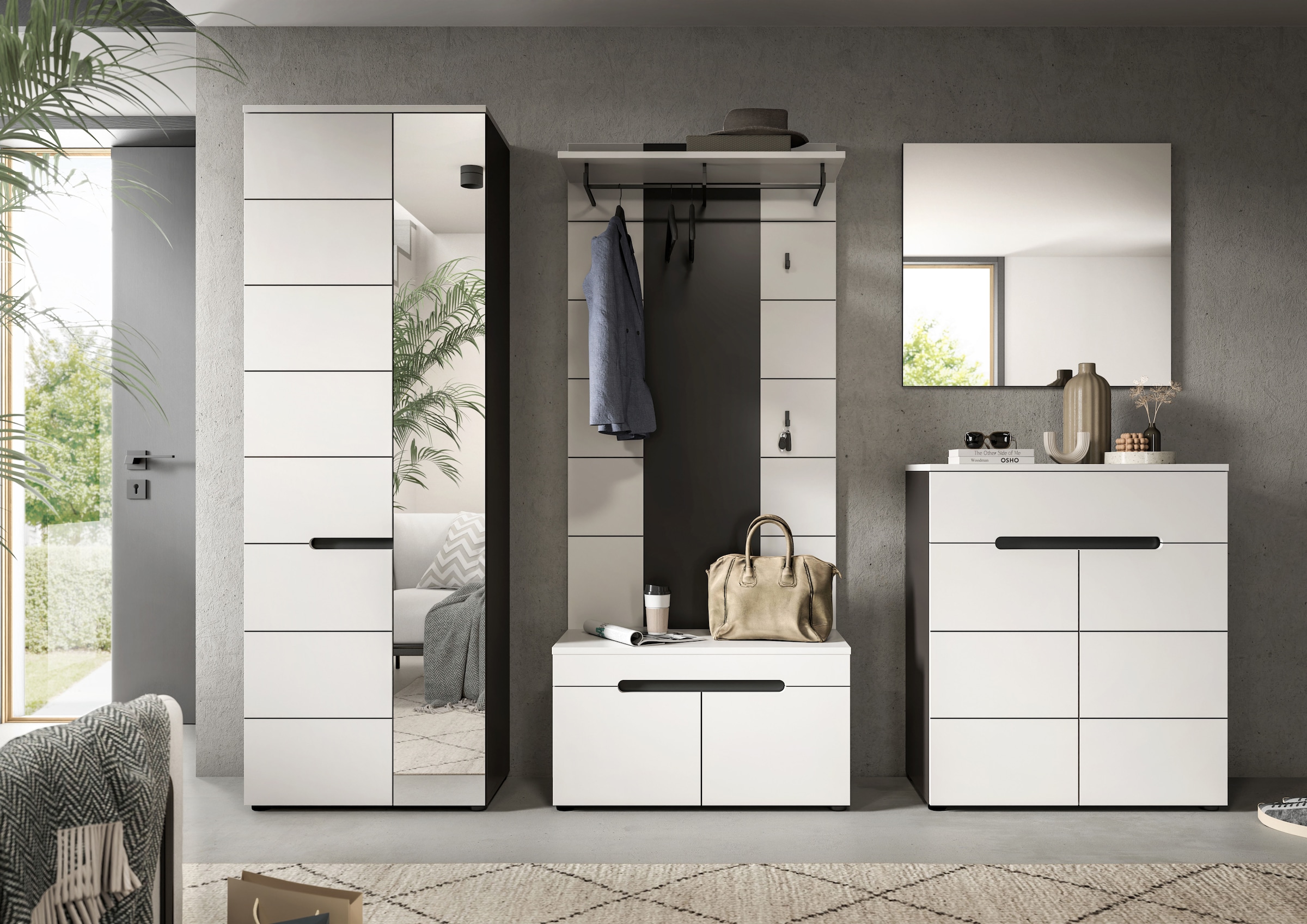INOSIGN Garderoben-Set, (Set, 5 St., bestehend aus: Garderobenschrank, Sitzbank, Paneel, Spiegel, Kommode), Garderobenkombination, Kombination, Set, Flurgarderobe, Diele