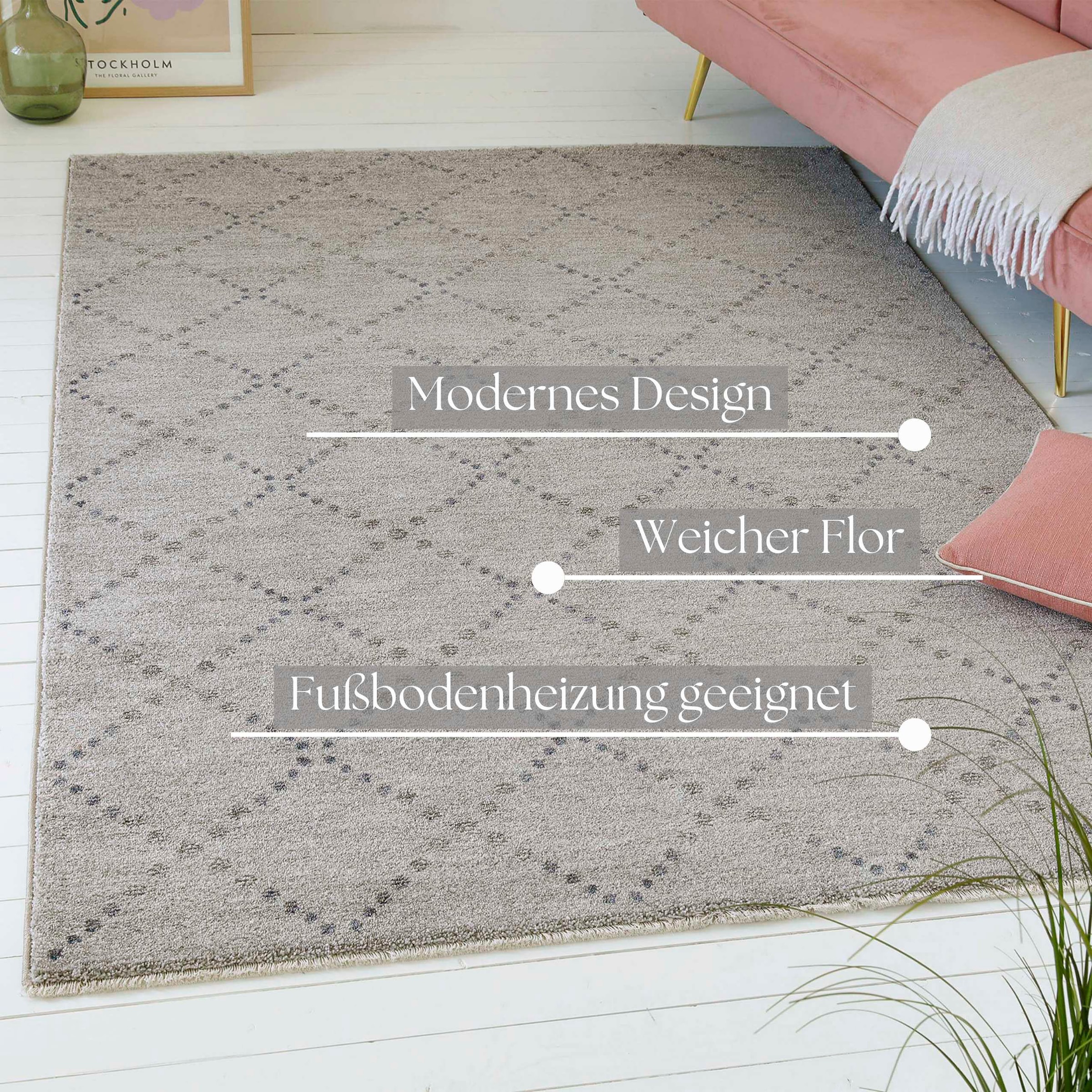 my home Teppich »Thoren«, rechteckig, 12 mm Höhe, weicher Kurzflor, Rautenmuster mit Fransen, Wohnzimmer, Schlafzimmer