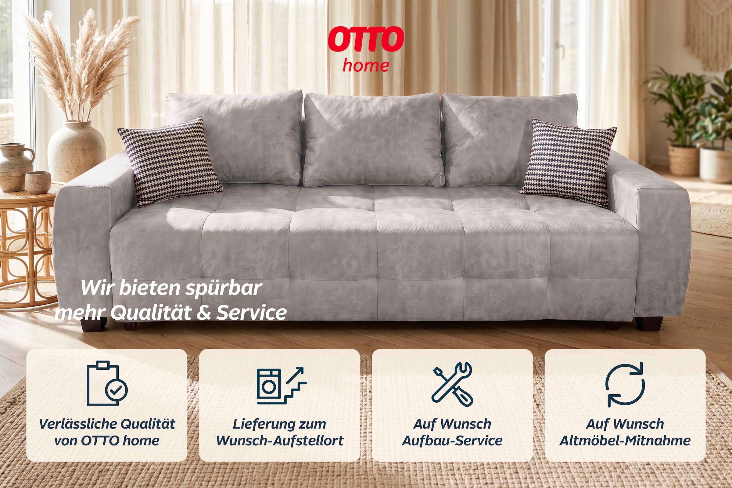 OTTO home Schlafsofa »Bella B: 241 cm, Liegefl. 142x194 cm mit Bettkasten & Zierkissen« Schlafcouch mit Gästebett, 2 Zierkissen inklusive, frei stellbar
