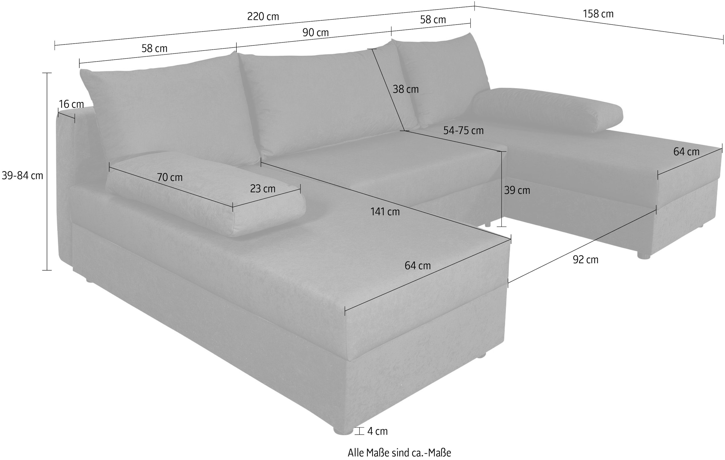 COLLECTION AB Wohnlandschaft »Pico U-Form, Breite 220, mit Schlaffunktion, Bettkasten & Zierkissen«, Liegefläche 117x220 cm