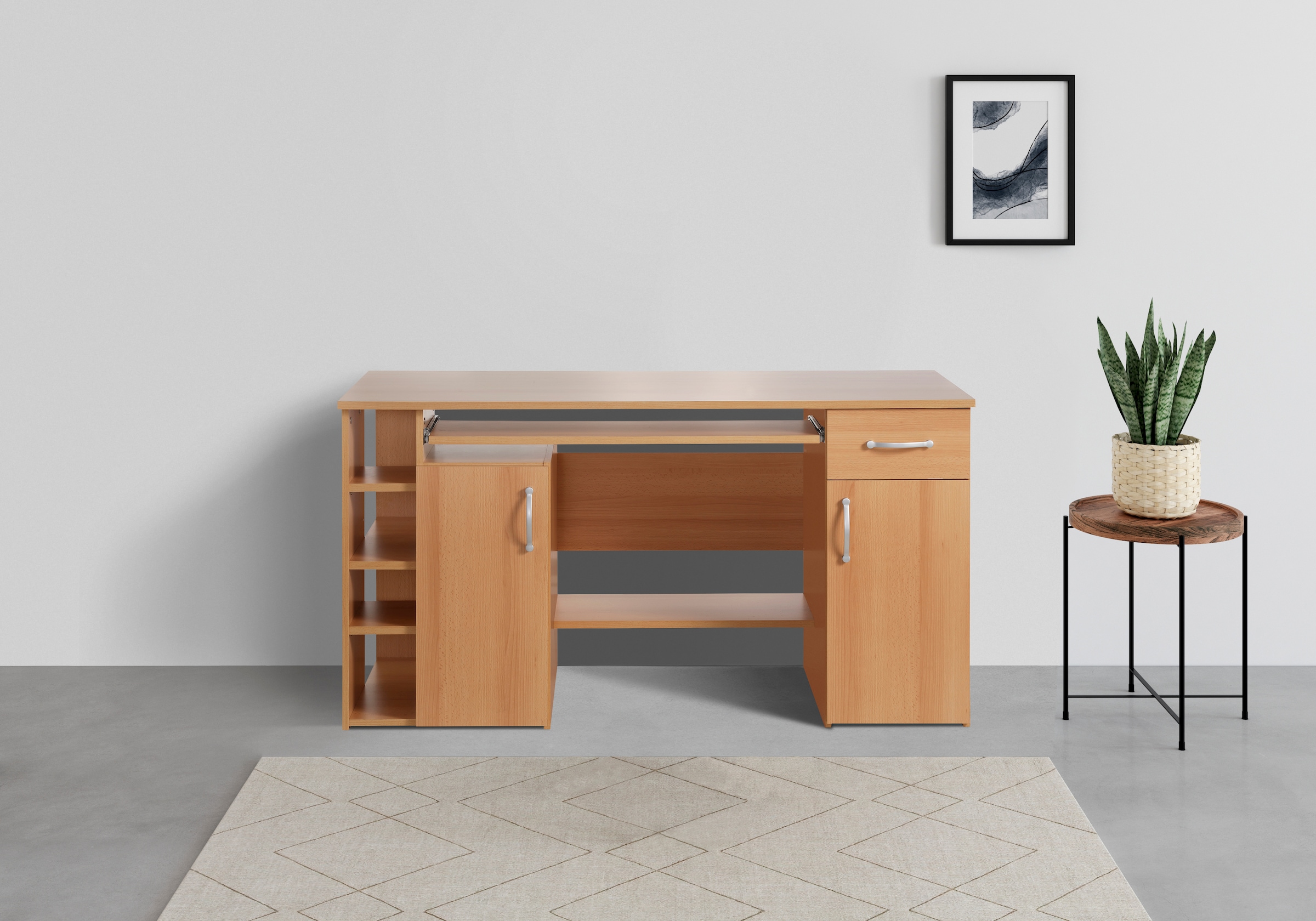 VOGL Möbelfabrik Schreibtisch »Tim mit seitlich offenen Fächern & Tastaturauszug,«, Druckerablage, 1 Schublade, Breite 138 cm, Made in Germany